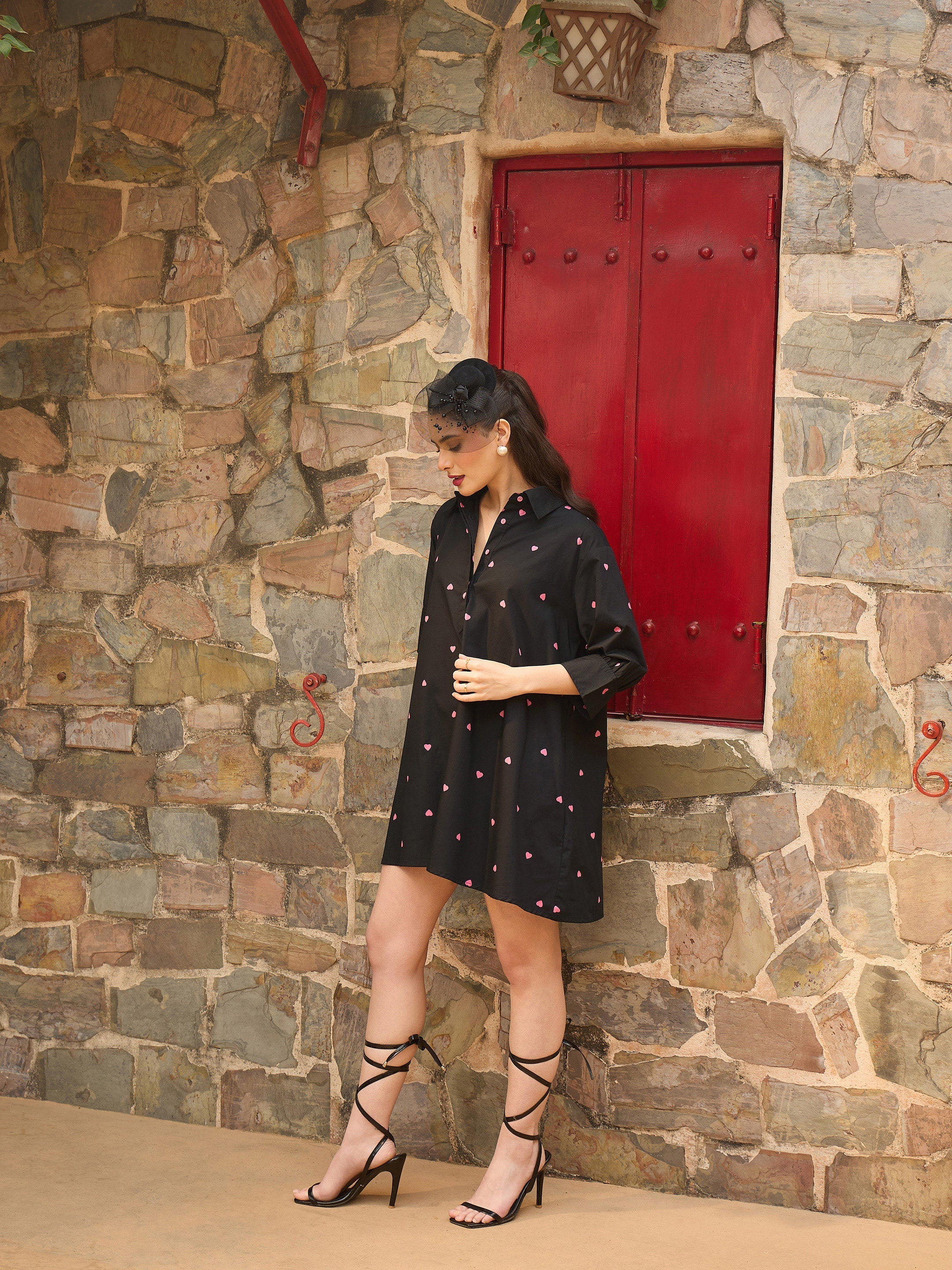 Women Black & Pink Heart Print Collar Neck Short Dress