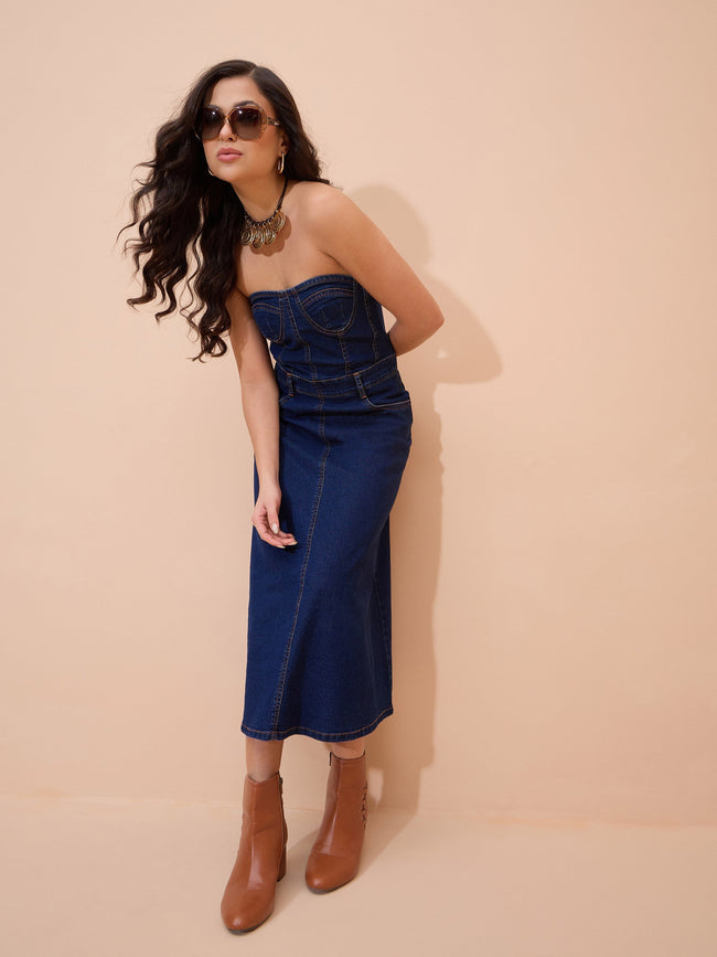Women Navy Blue Denim Wash Tube Dress