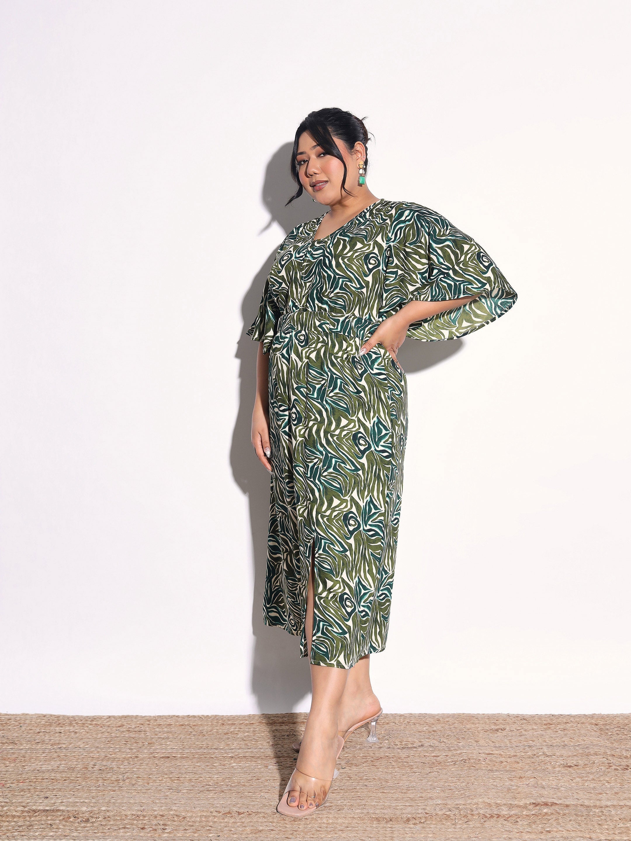 Women Green Printed Front Slit Midi Dress