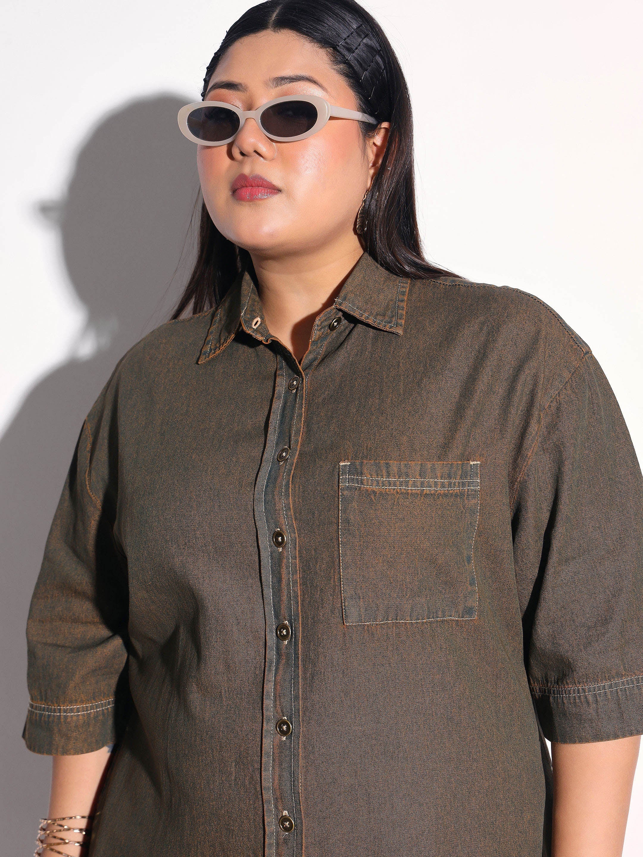 Women Green Wash Tencel Button Down Shirt Midi Dress