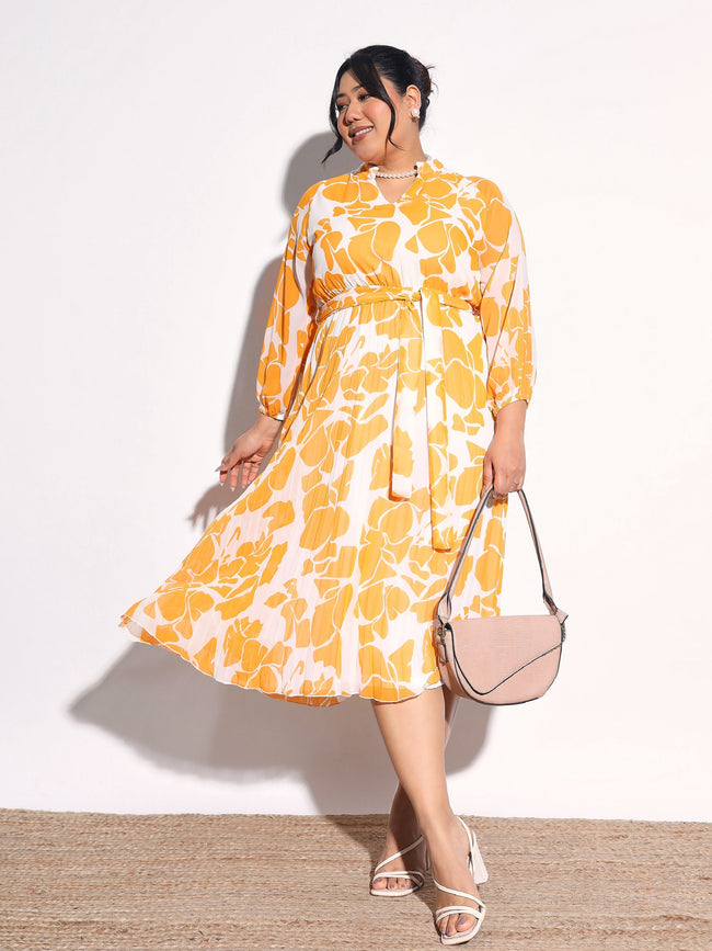Women Yellow & White Floral Pleated Midi Dress