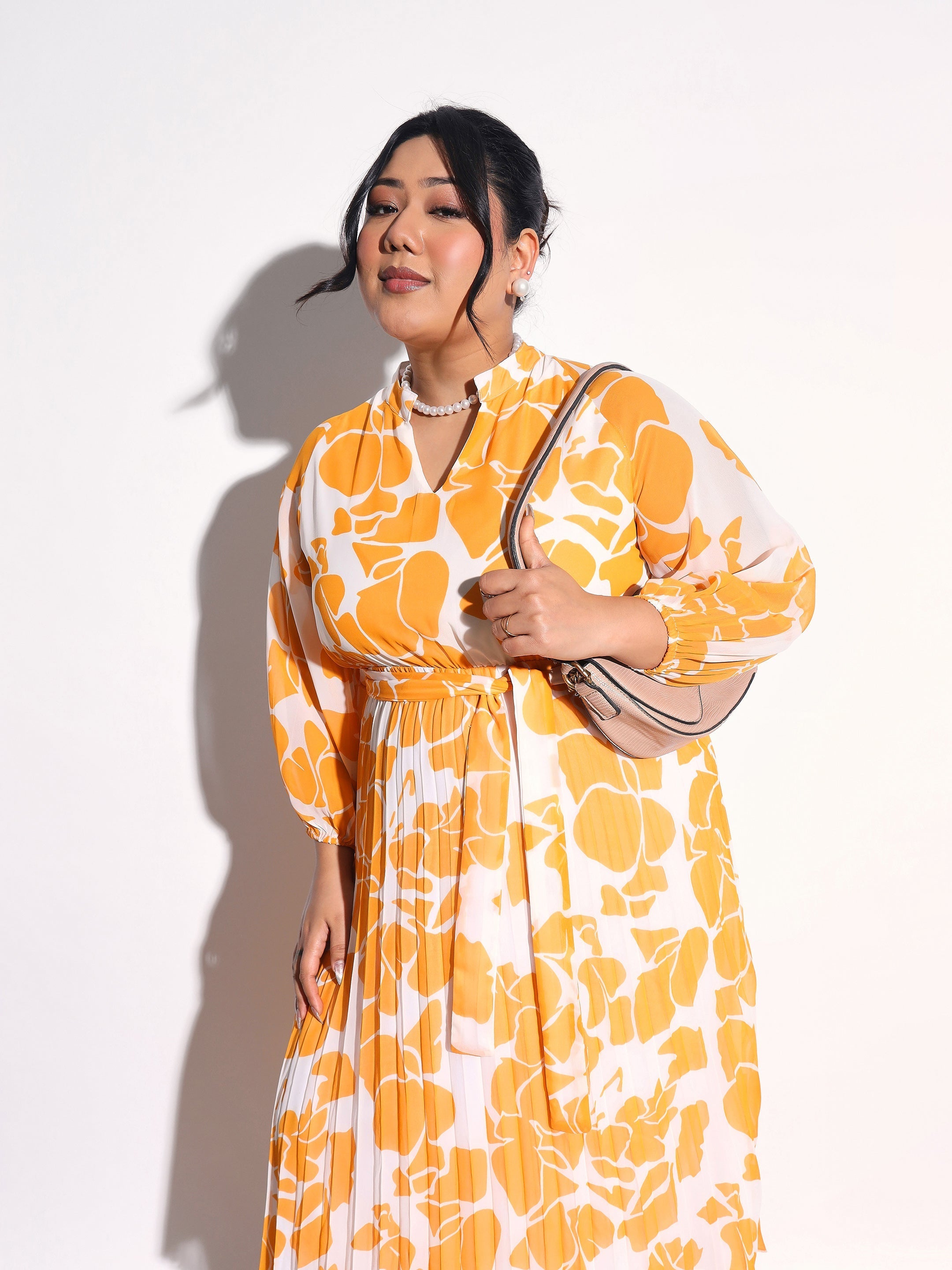 Women Yellow & White Floral Pleated Midi Dress
