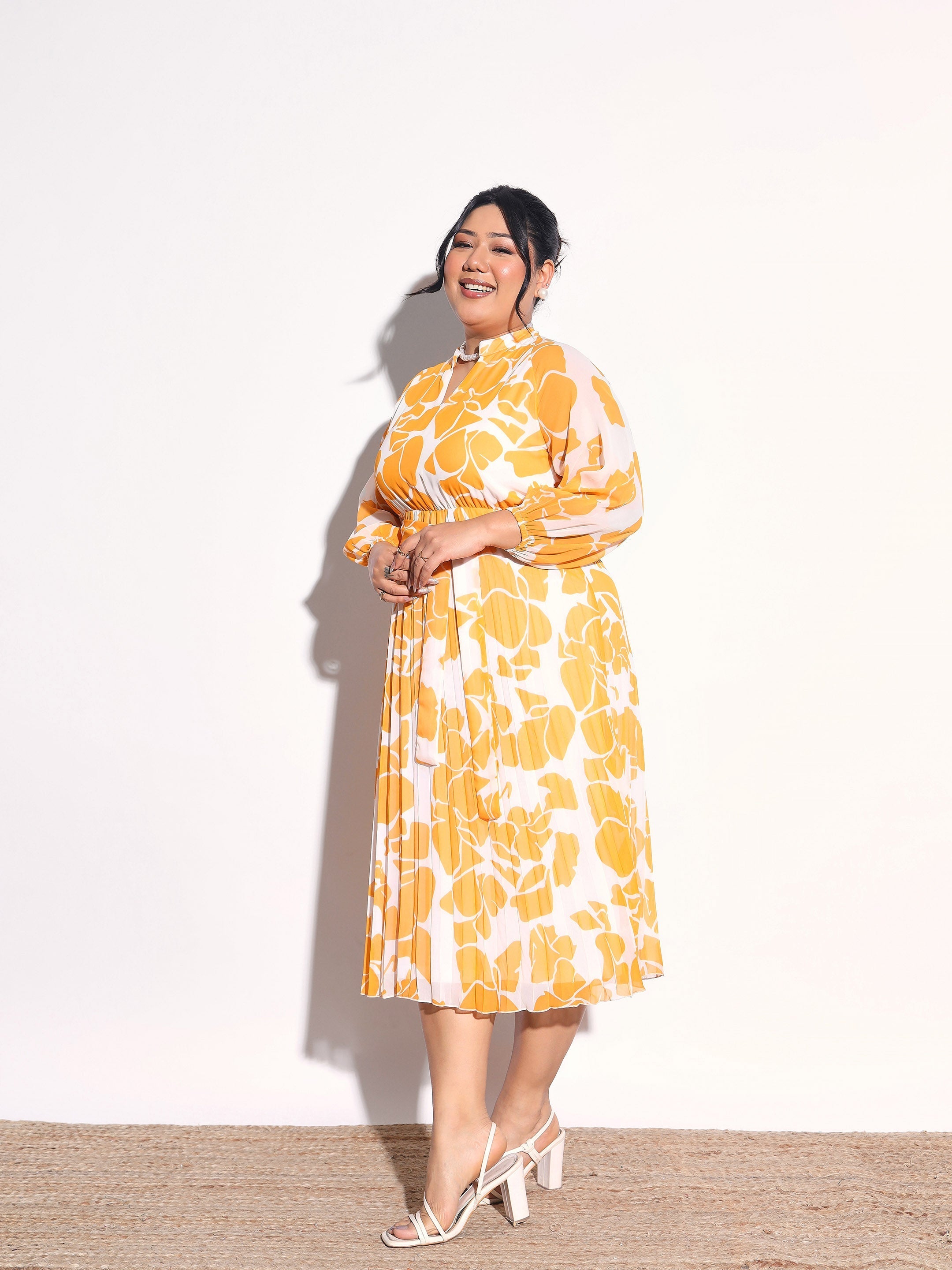 Women Yellow & White Floral Pleated Midi Dress