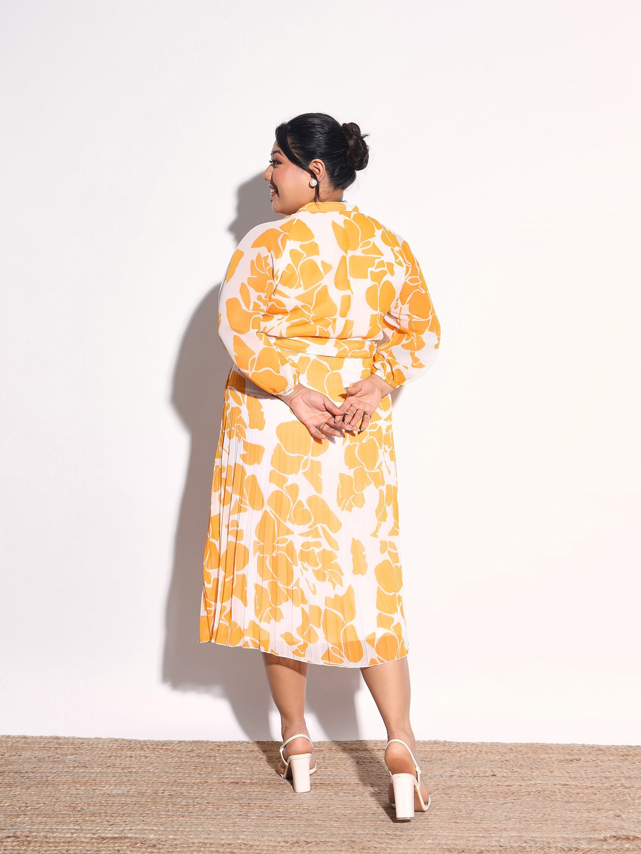 Women Yellow & White Floral Pleated Midi Dress
