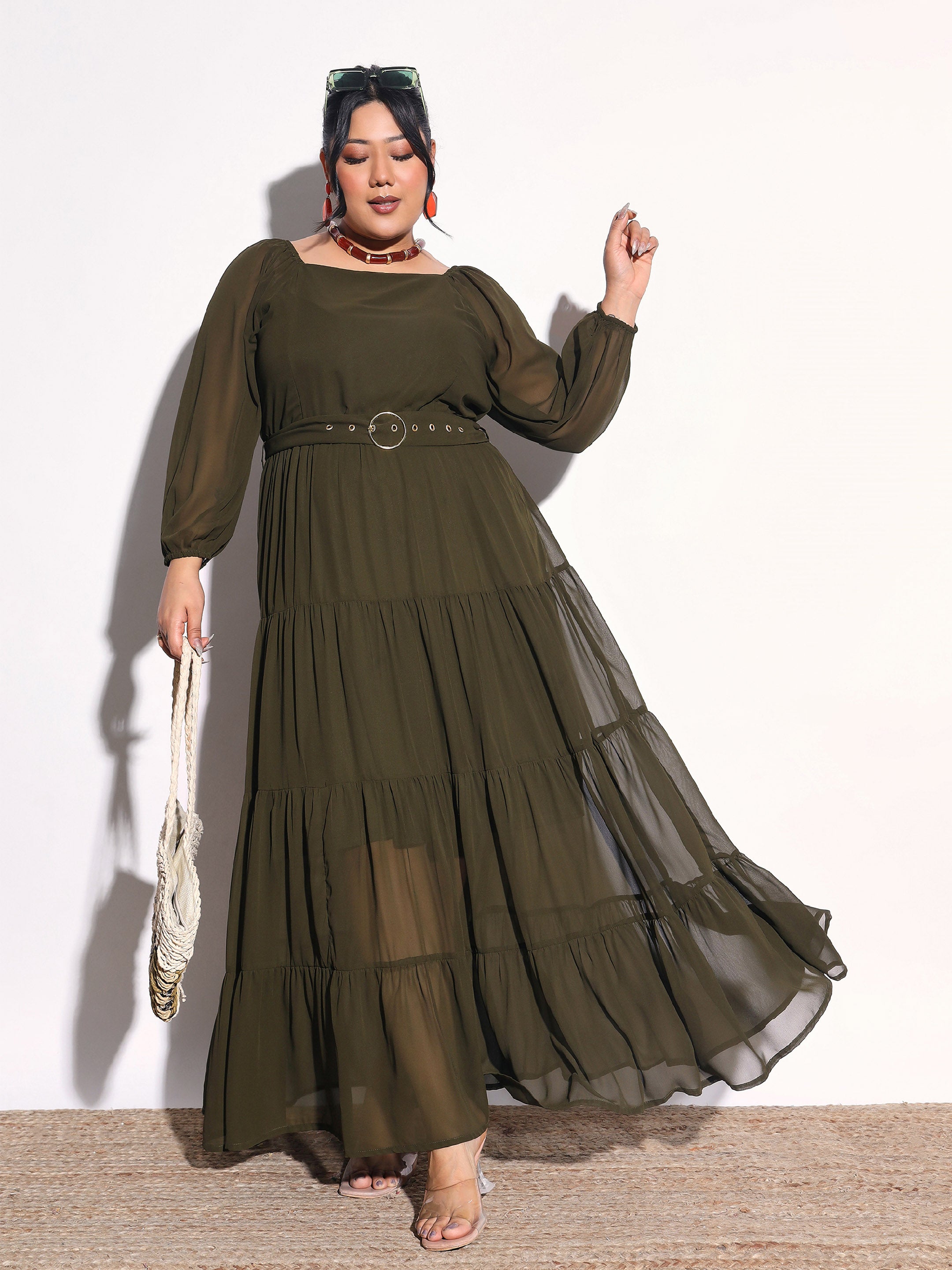 Women Olive Solid Georgette Tiered Maxi Dress