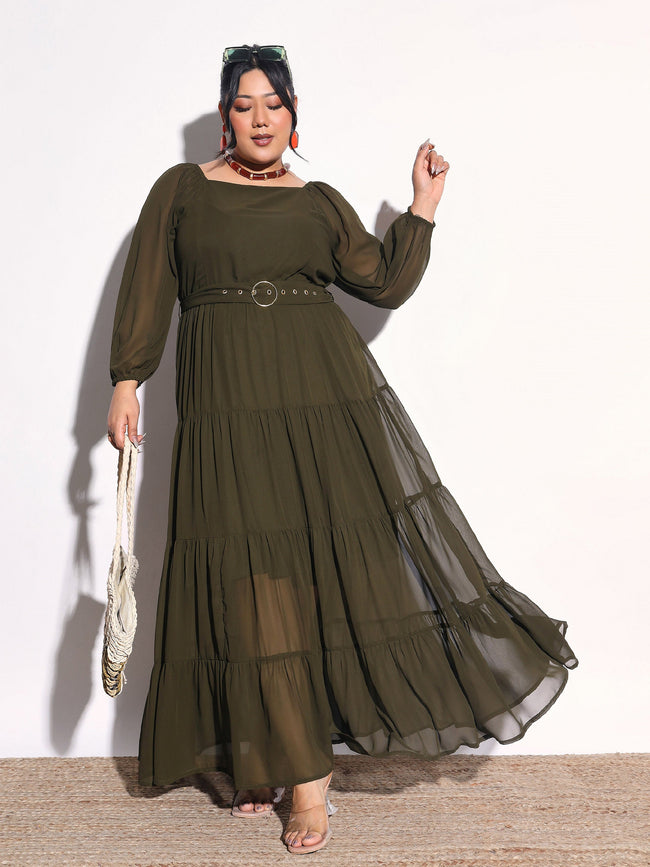 Women Olive Solid Georgette Tiered Maxi Dress