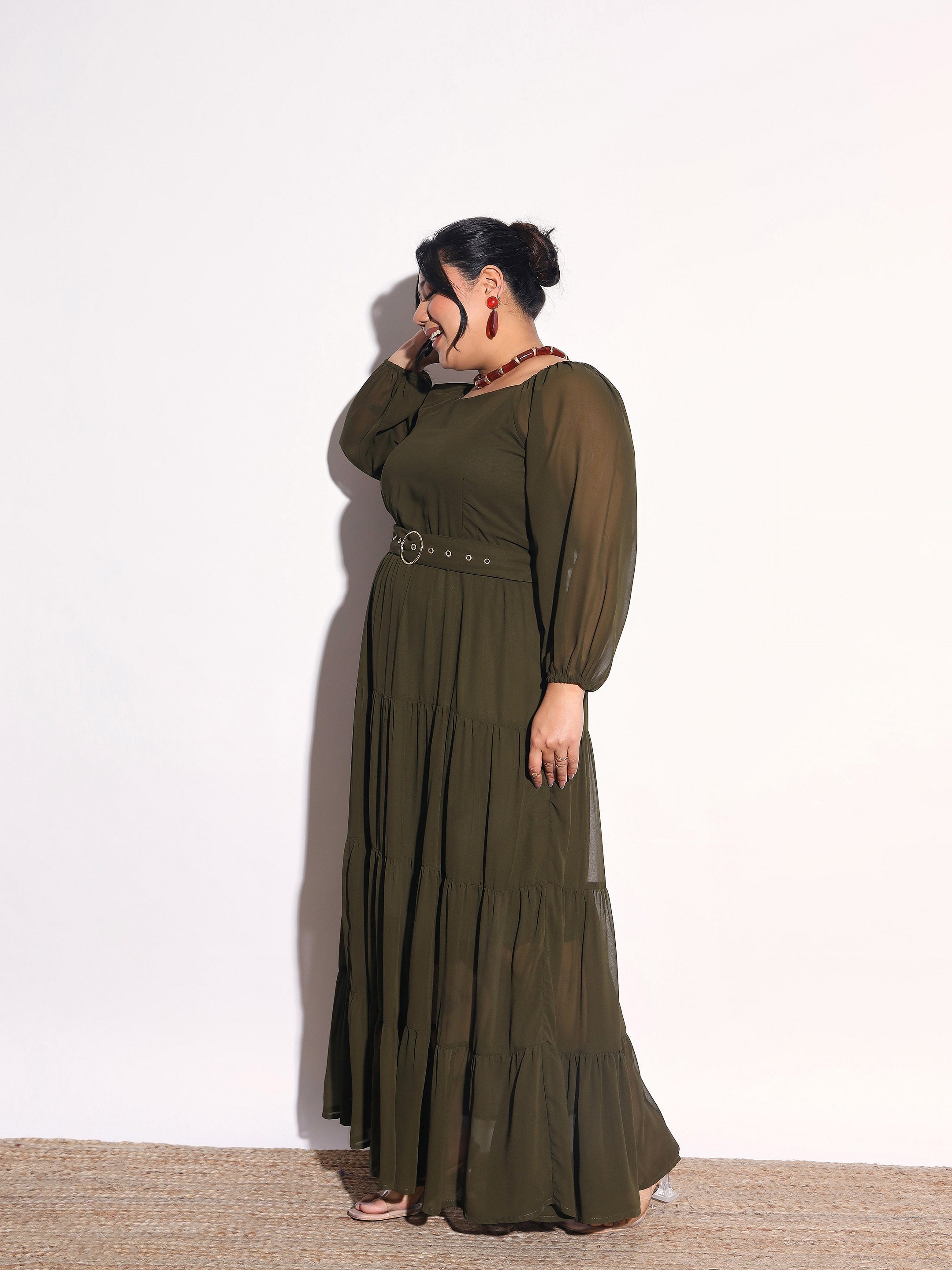Women Olive Solid Georgette Tiered Maxi Dress