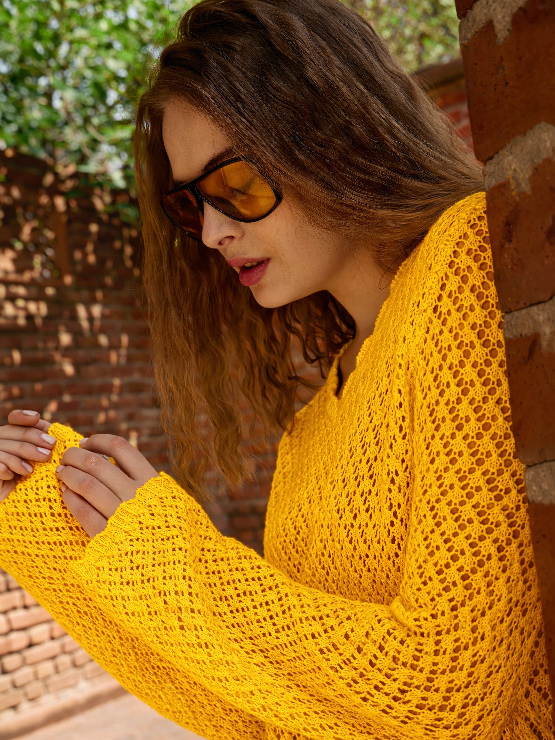 Women Mustard Crochet V-Neck Full Sleeve Short Beach Dress