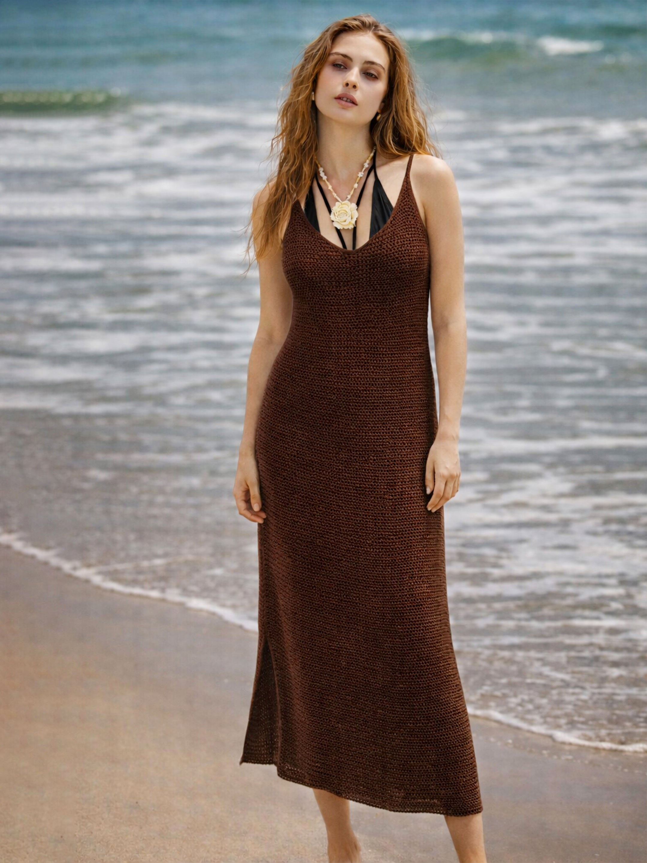Women Brown Crochet Round Neck Strappy Beach Maxi Dress