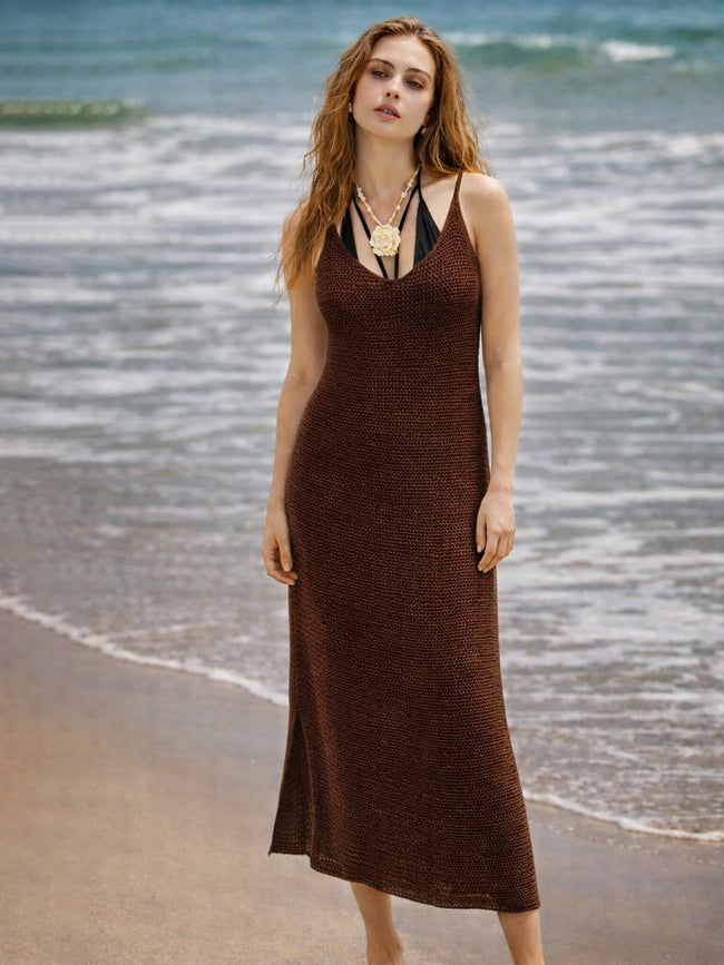 Women Brown Crochet Round Neck Strappy Beach Maxi Dress