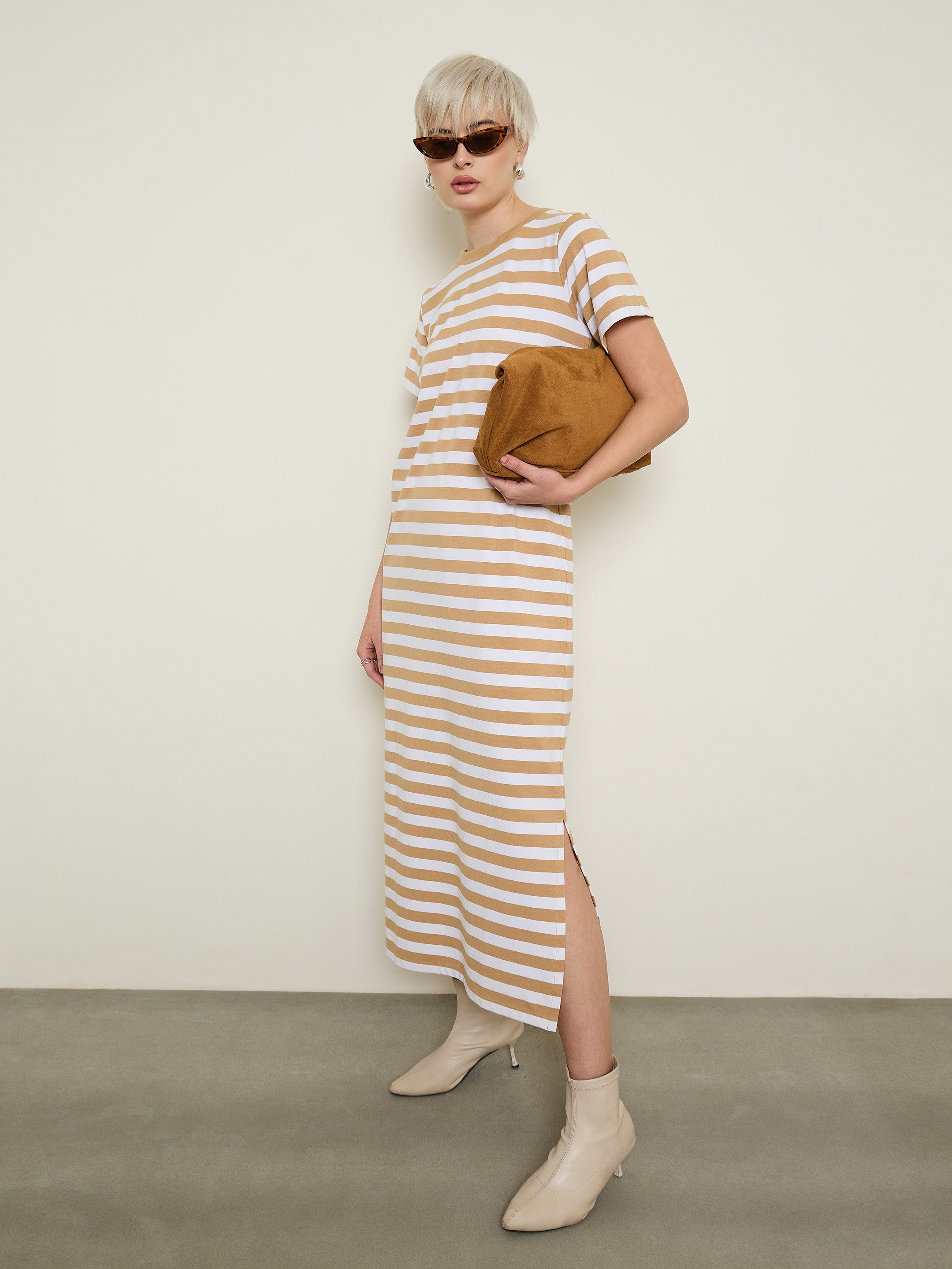Women Beige & White Stripes Short Sleeves T-Shirt Maxi Dress