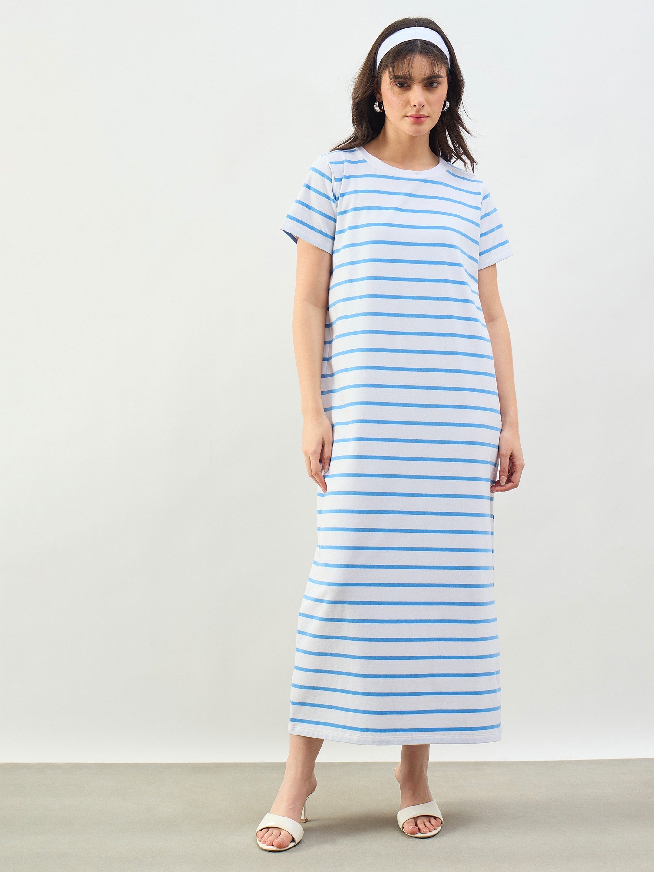 Women Beige & Navy Stripes Long Sleeves T-Shirt Maxi Dress