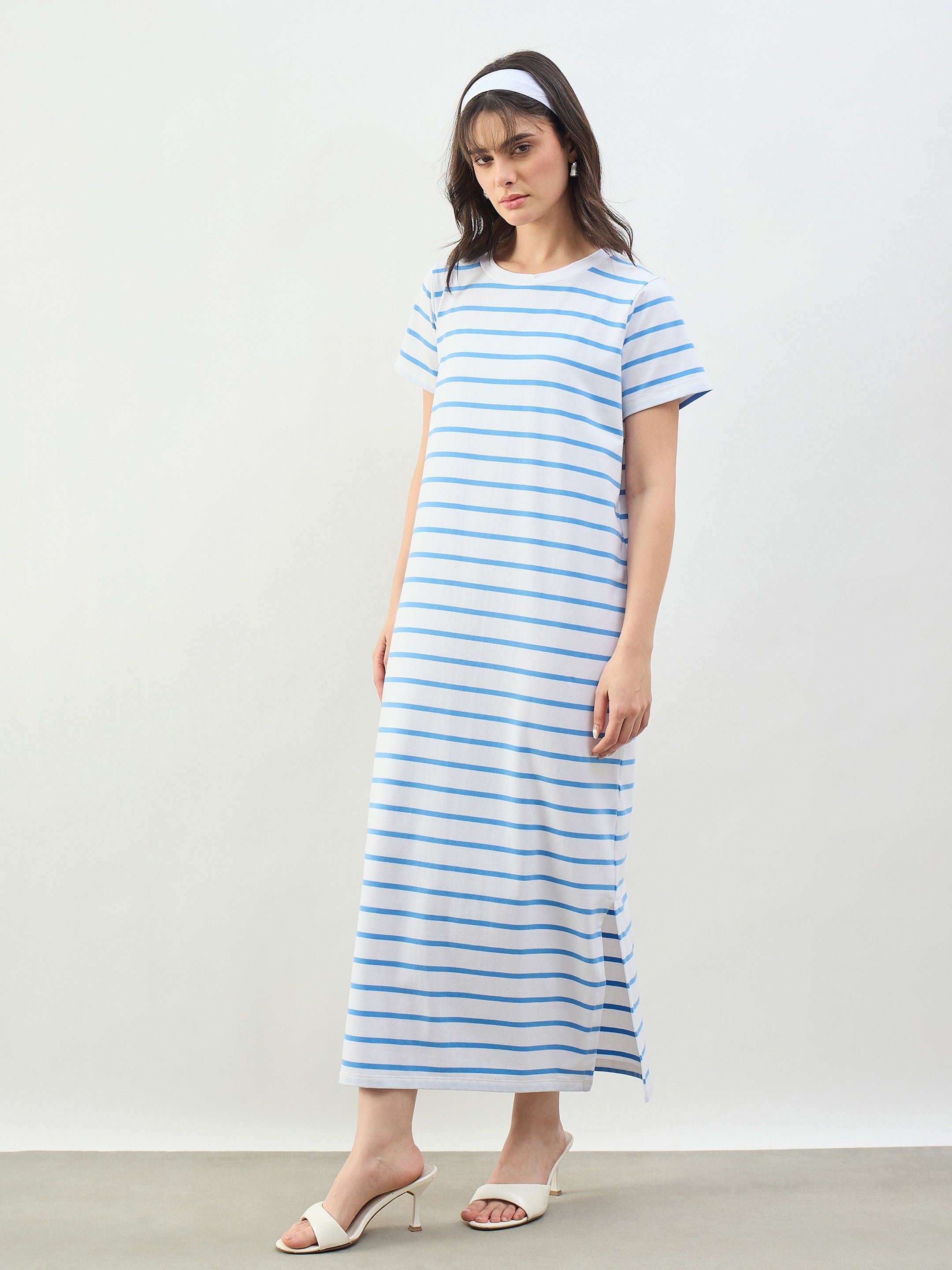 Women Beige & Navy Stripes Long Sleeves T-Shirt Maxi Dress