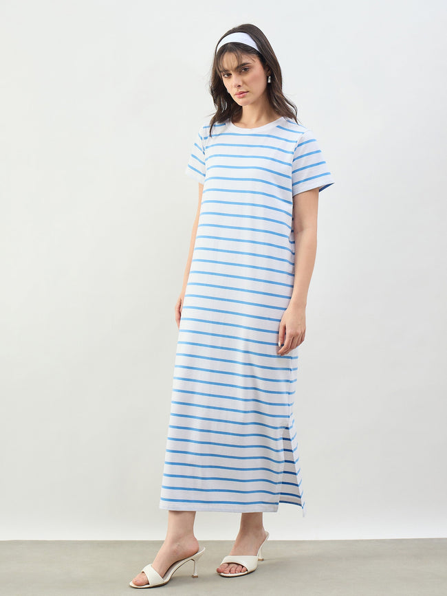 Women Beige & Navy Stripes Long Sleeves T-Shirt Maxi Dress