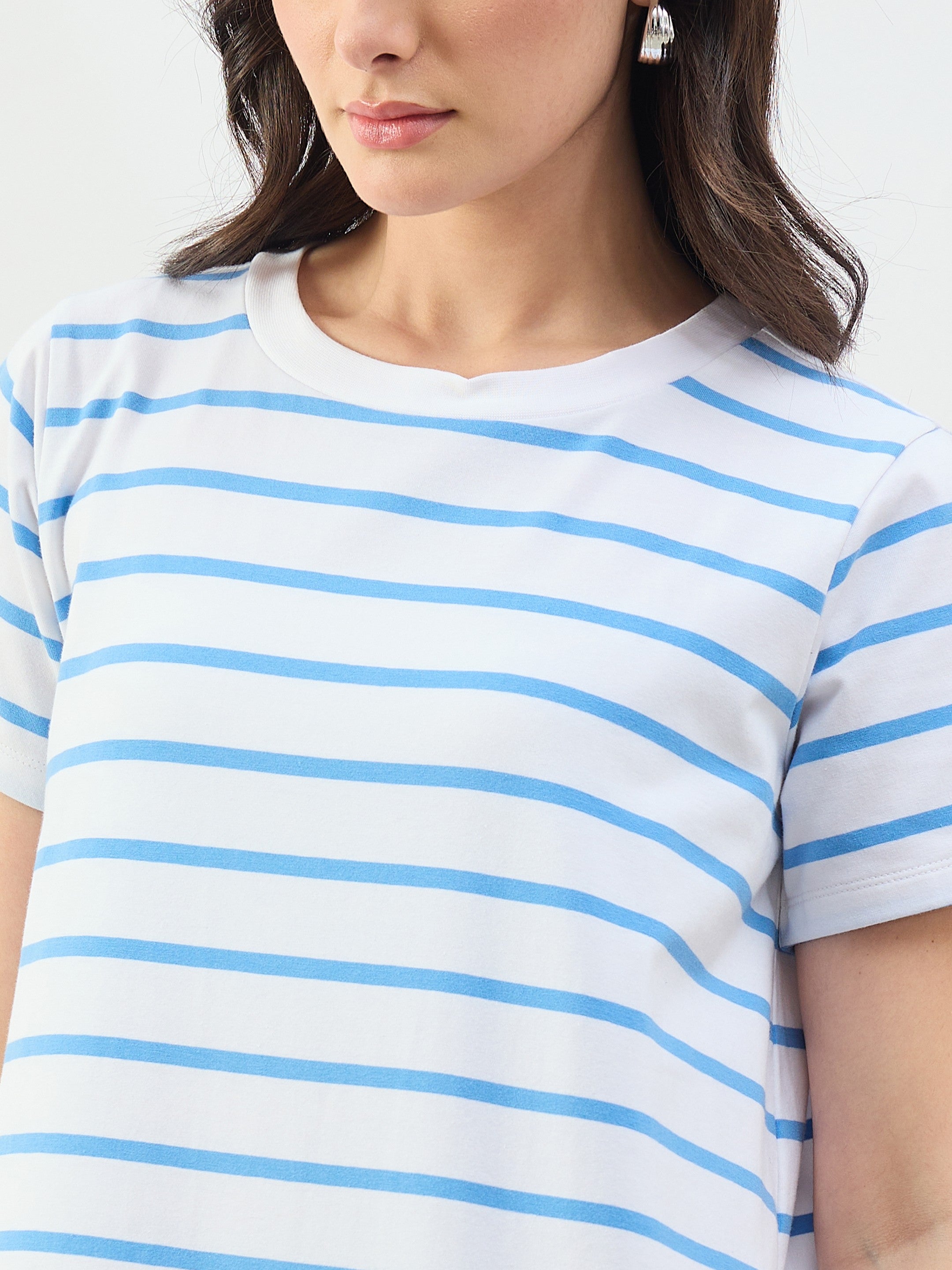 Women Beige & Navy Stripes Long Sleeves T-Shirt Maxi Dress
