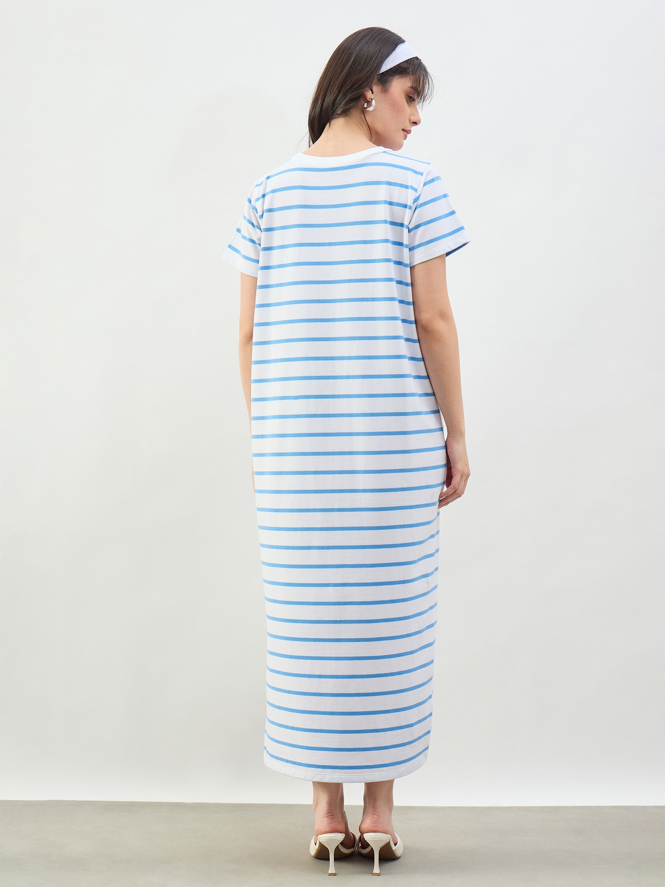 Women Beige & Navy Stripes Long Sleeves T-Shirt Maxi Dress
