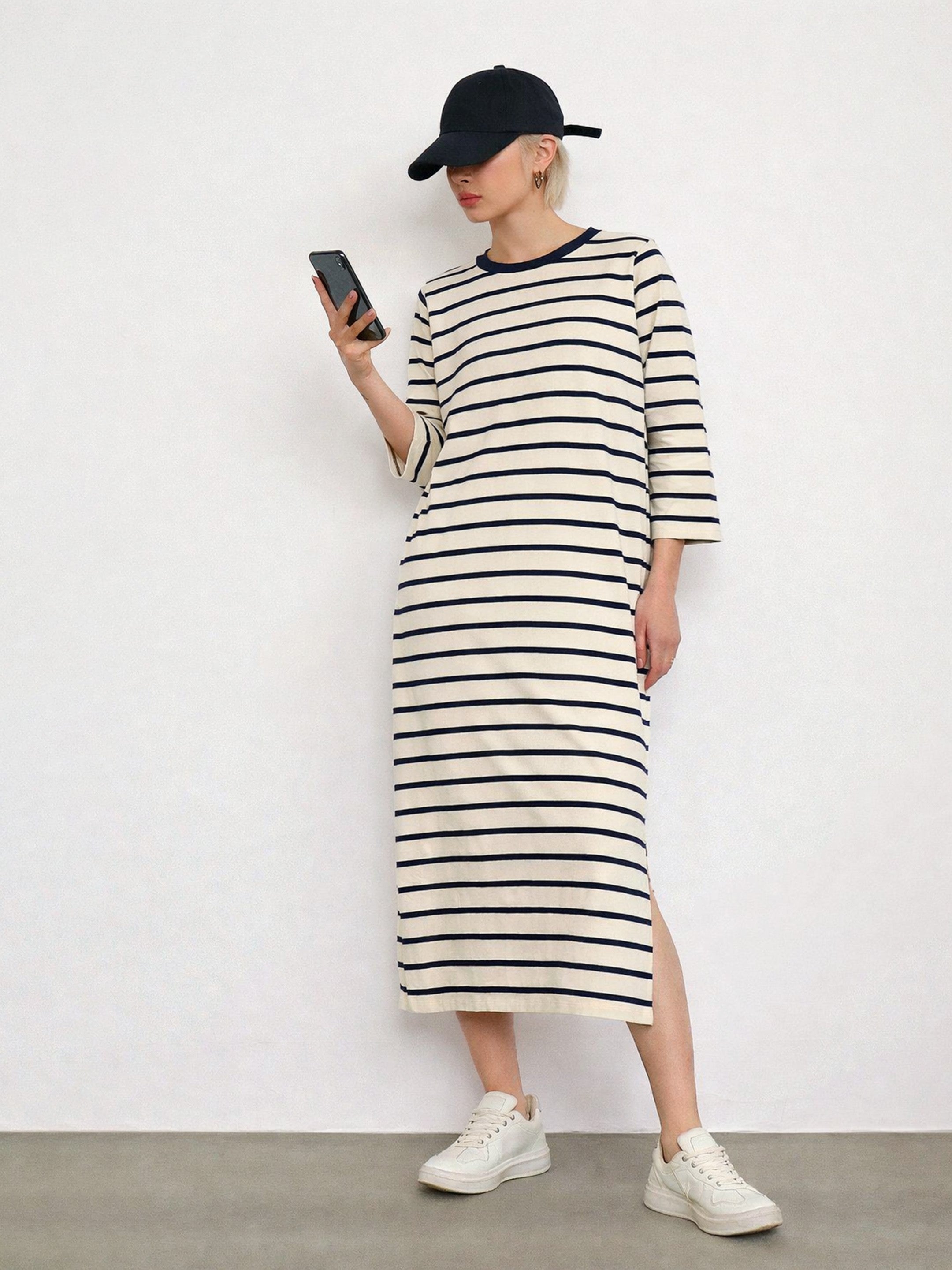 Women Beige & Navy Stripes Long Sleeves T-Shirt Maxi Dress