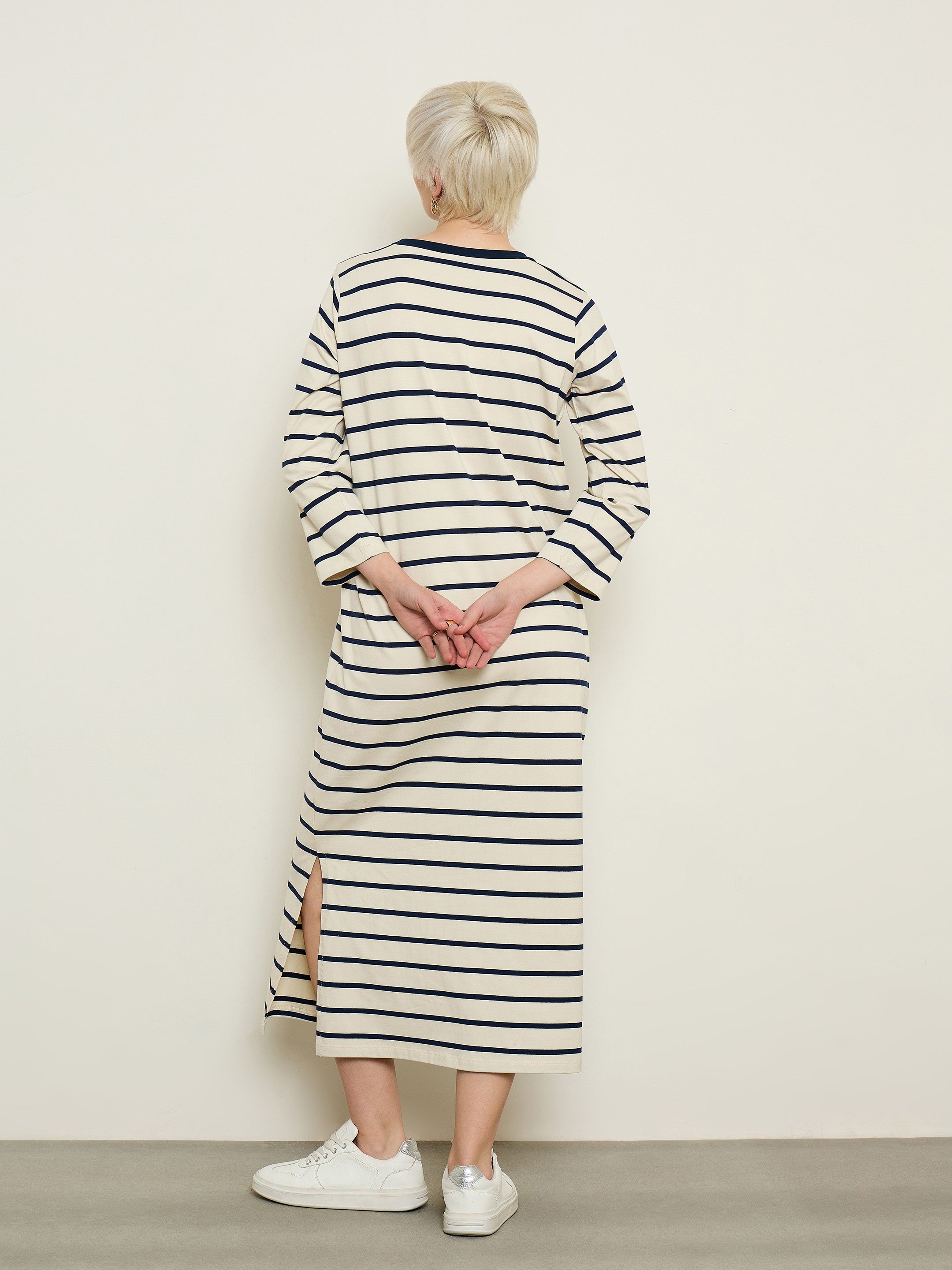Women Beige & Navy Stripes Long Sleeves T-Shirt Maxi Dress
