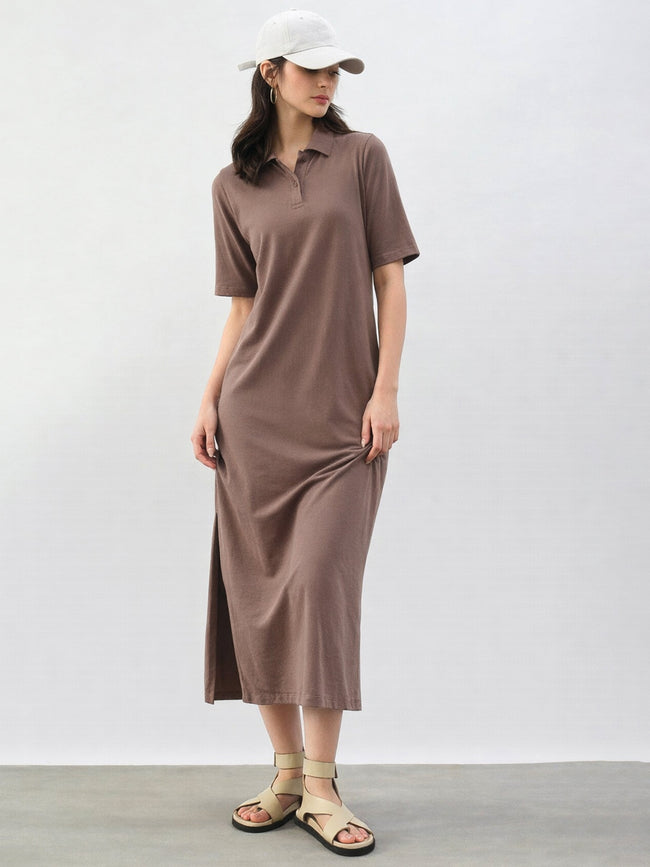 Women Taupe Oversized Polo Neck T-Shirt Dress