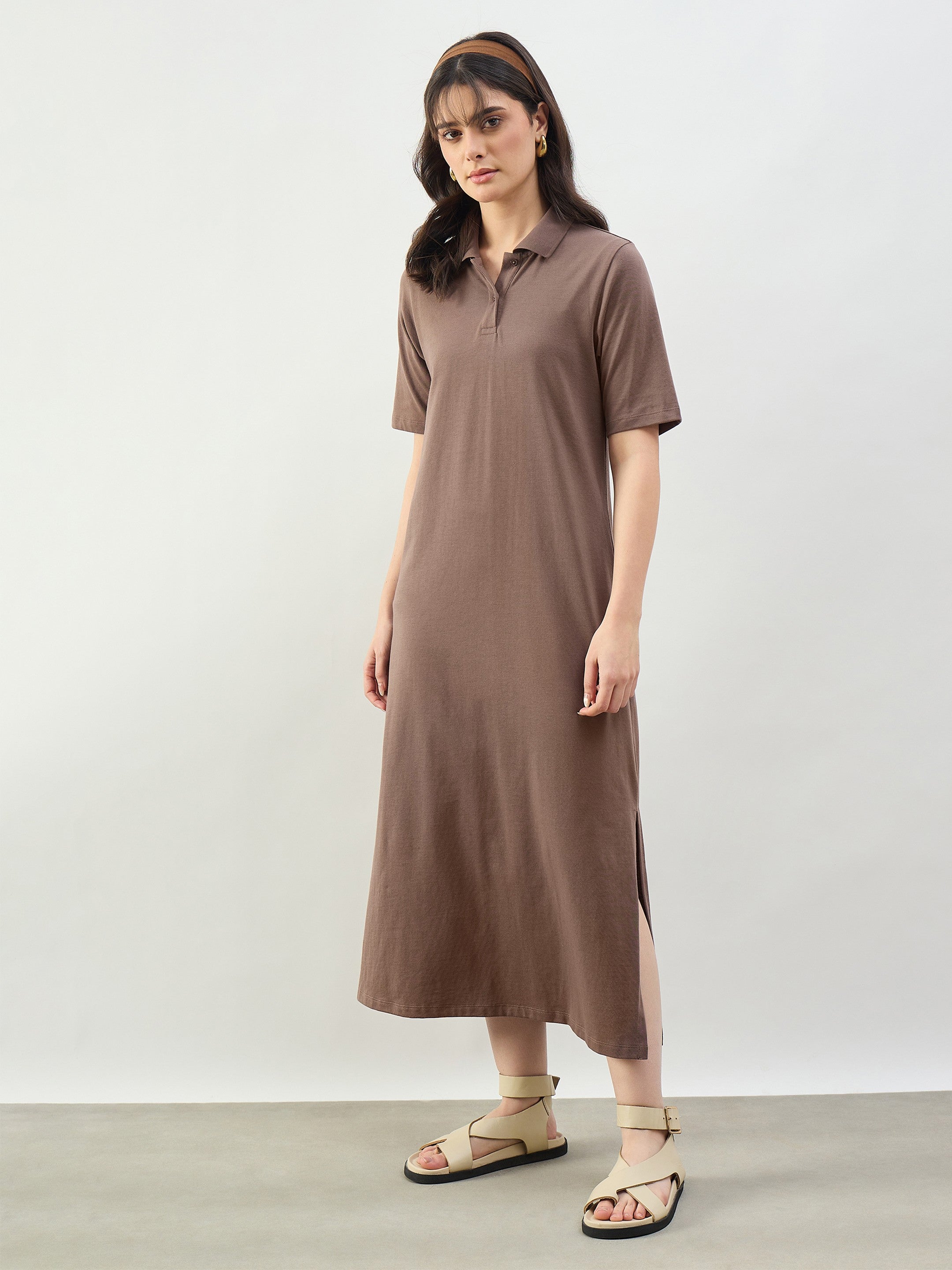 Women Taupe Oversized Polo Neck T-Shirt Dress