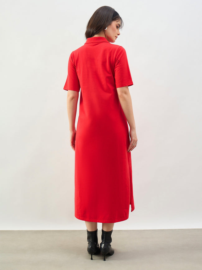 Women Red Oversized Polo Neck T-Shirt Dress – FYVA