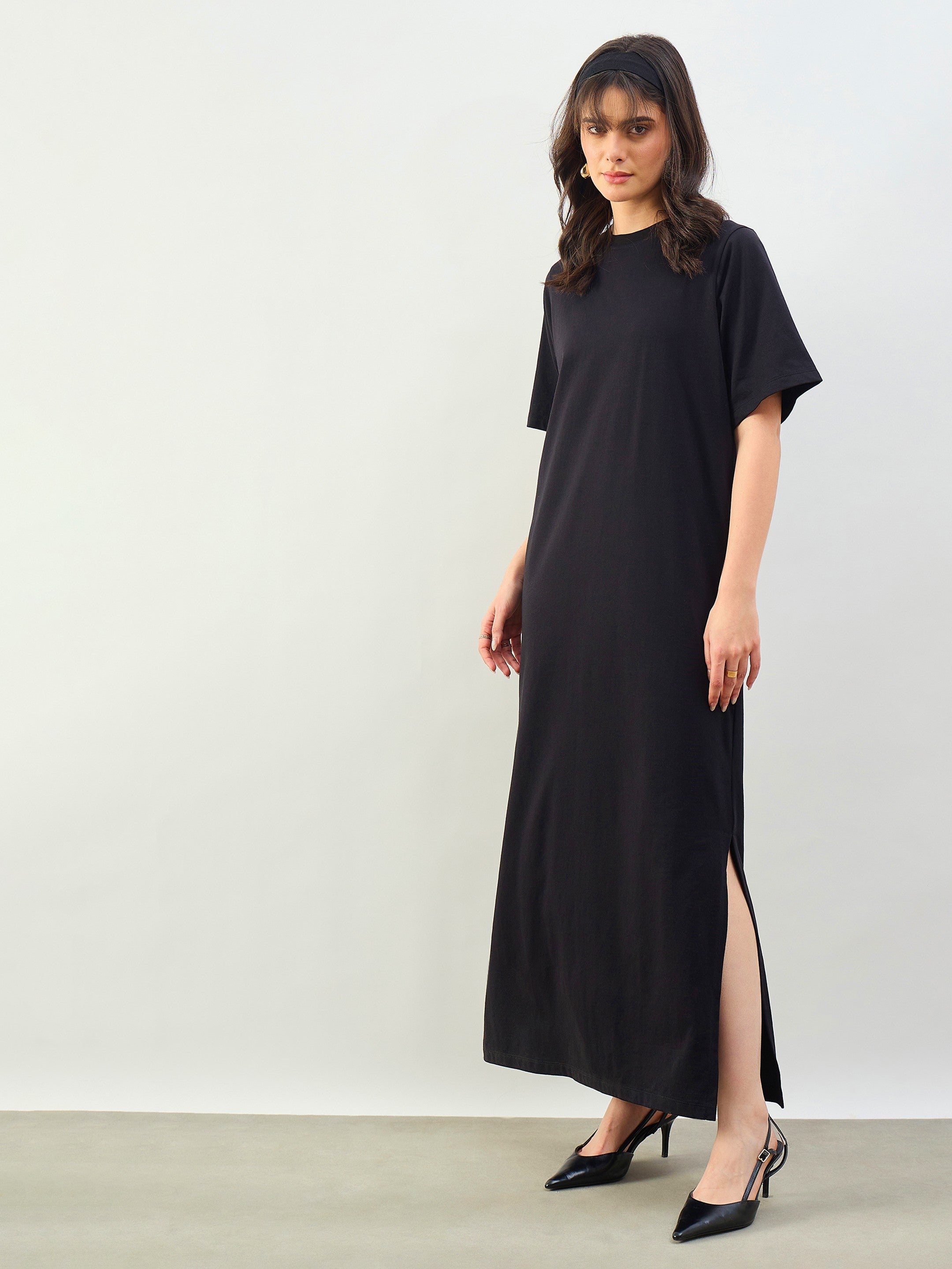 Women Black Oversized Round Neck T-Shirt Maxi Dress