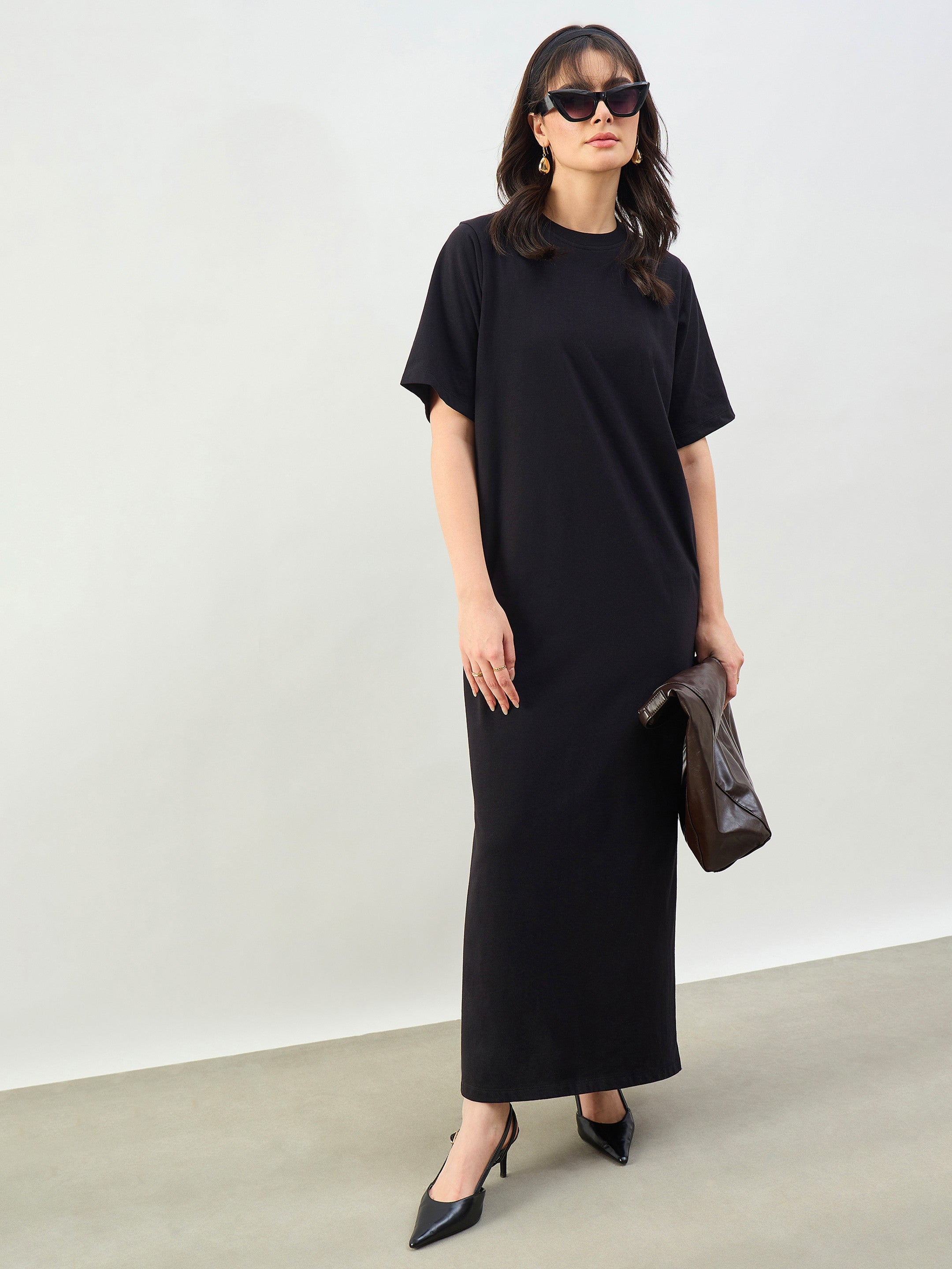 Women Black Oversized Round Neck T-Shirt Maxi Dress