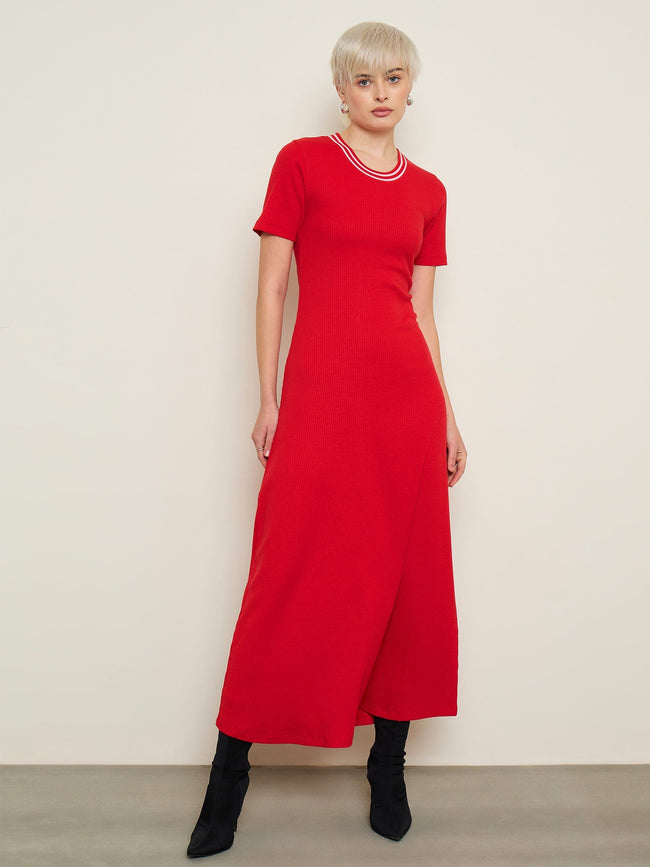 Women Red Short Sleeves Striped-Ribbed Neck Maxi Dress