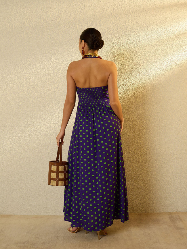 Women Purple With Green Polka Dot Halter Neck Maxi Dress – FYVA