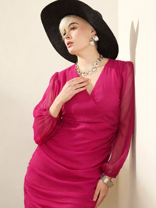 Women Fuchsia Solid Cowl Hem Midi Dress