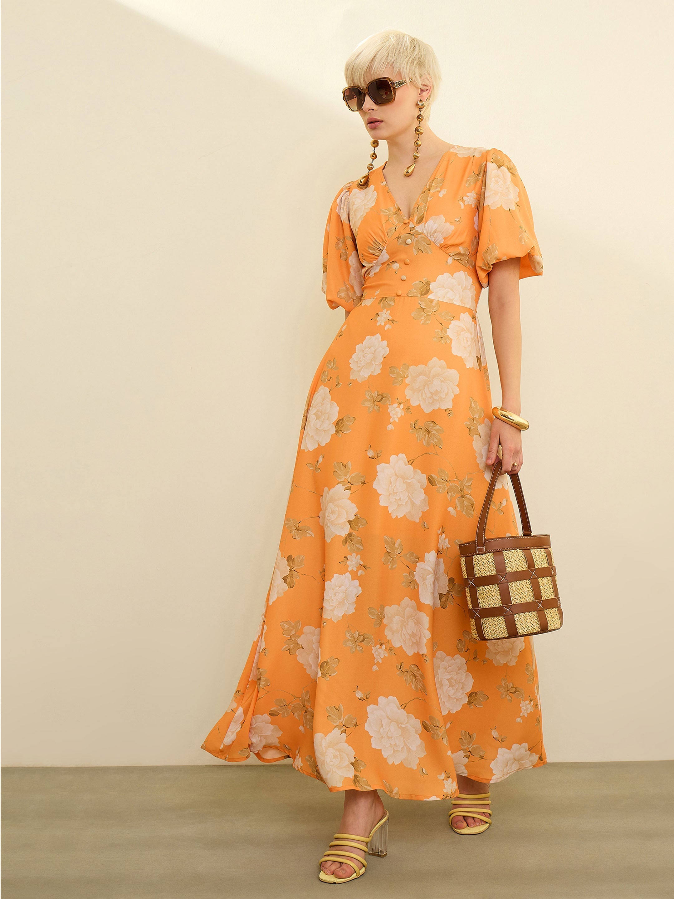 Women Mustard Floral Balloon Sleeves Maxi Dress