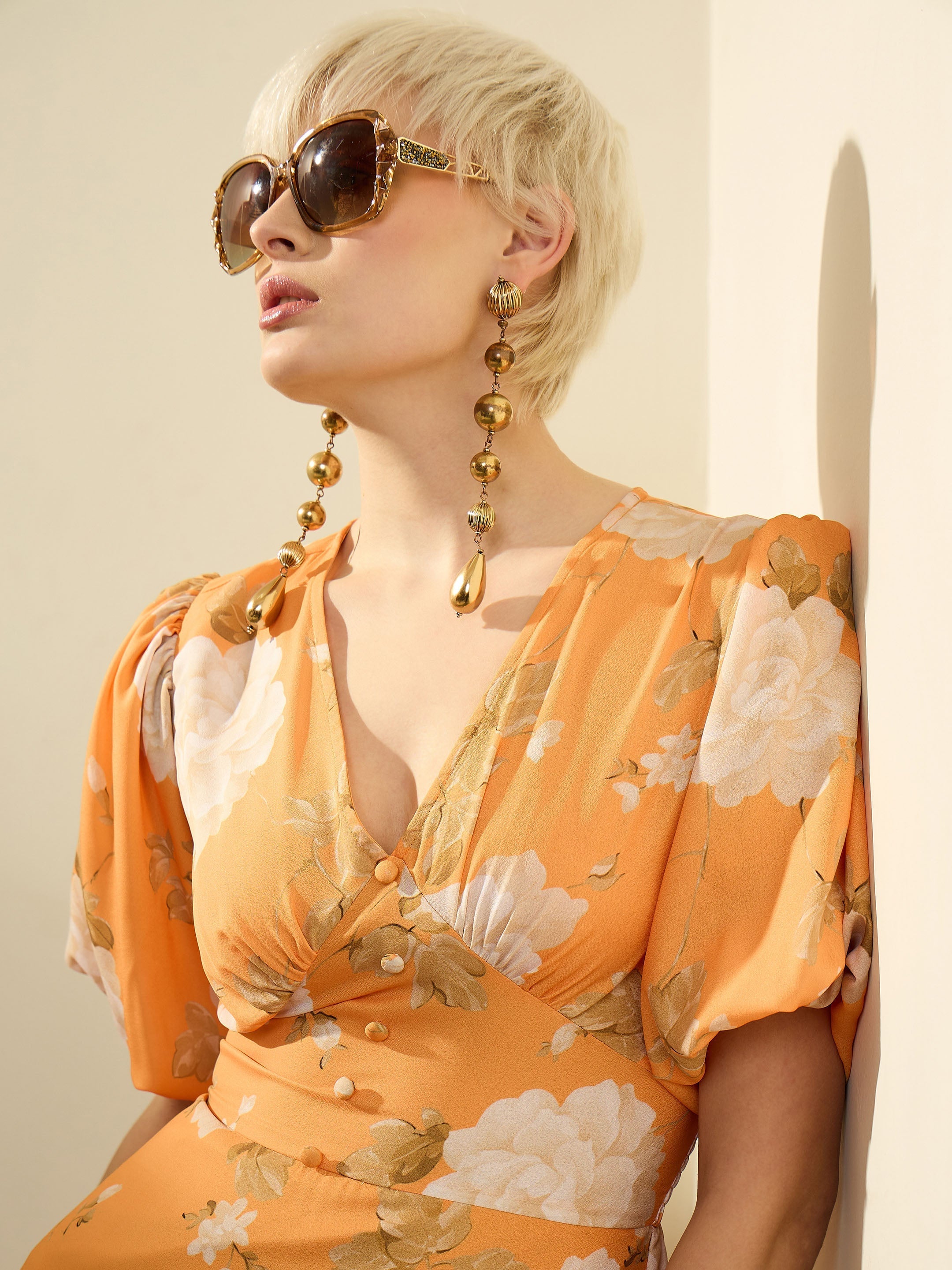 Women Mustard Floral Balloon Sleeves Maxi Dress