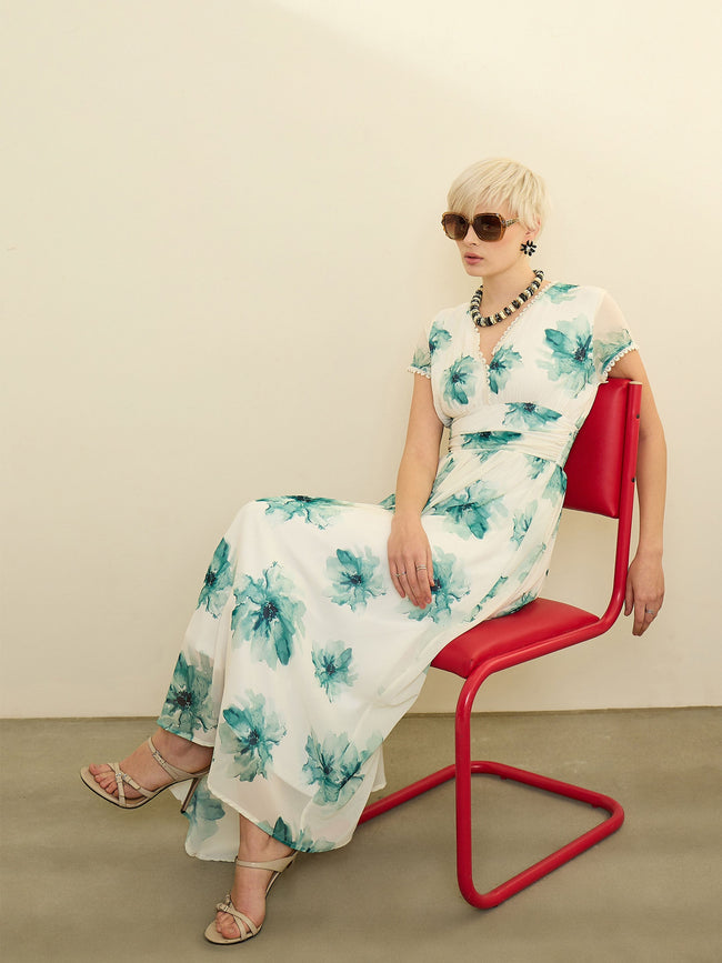 Women Off-White Floral Cap Sleeves Maxi Dress
