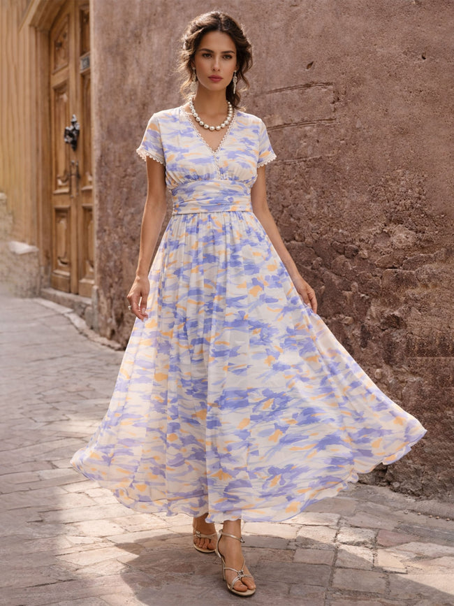 Women Lavender & Off-White Aztec Print Cap Sleeves Maxi Dress