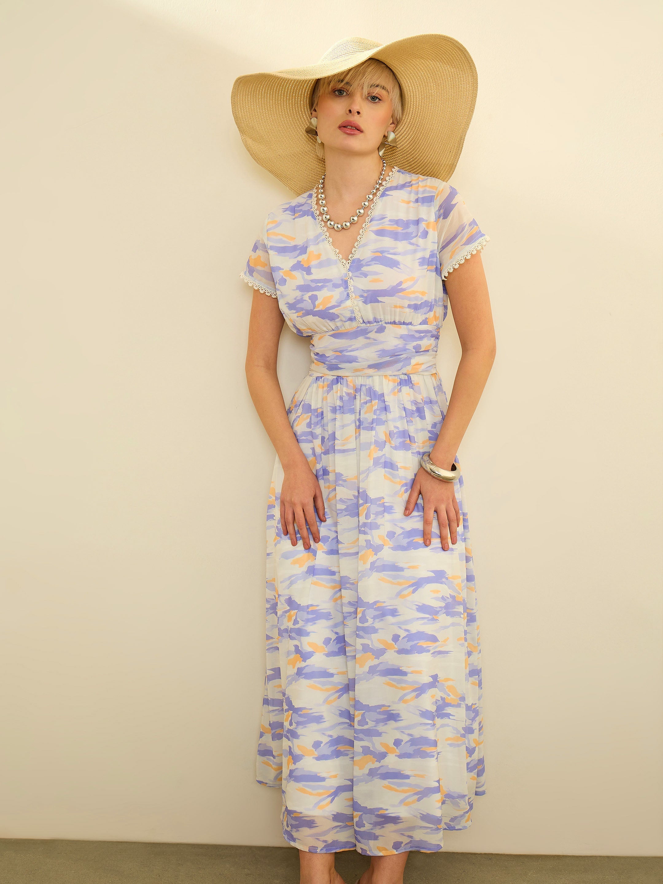 Women Lavender & Off-White Aztec Print Cap Sleeves Maxi Dress
