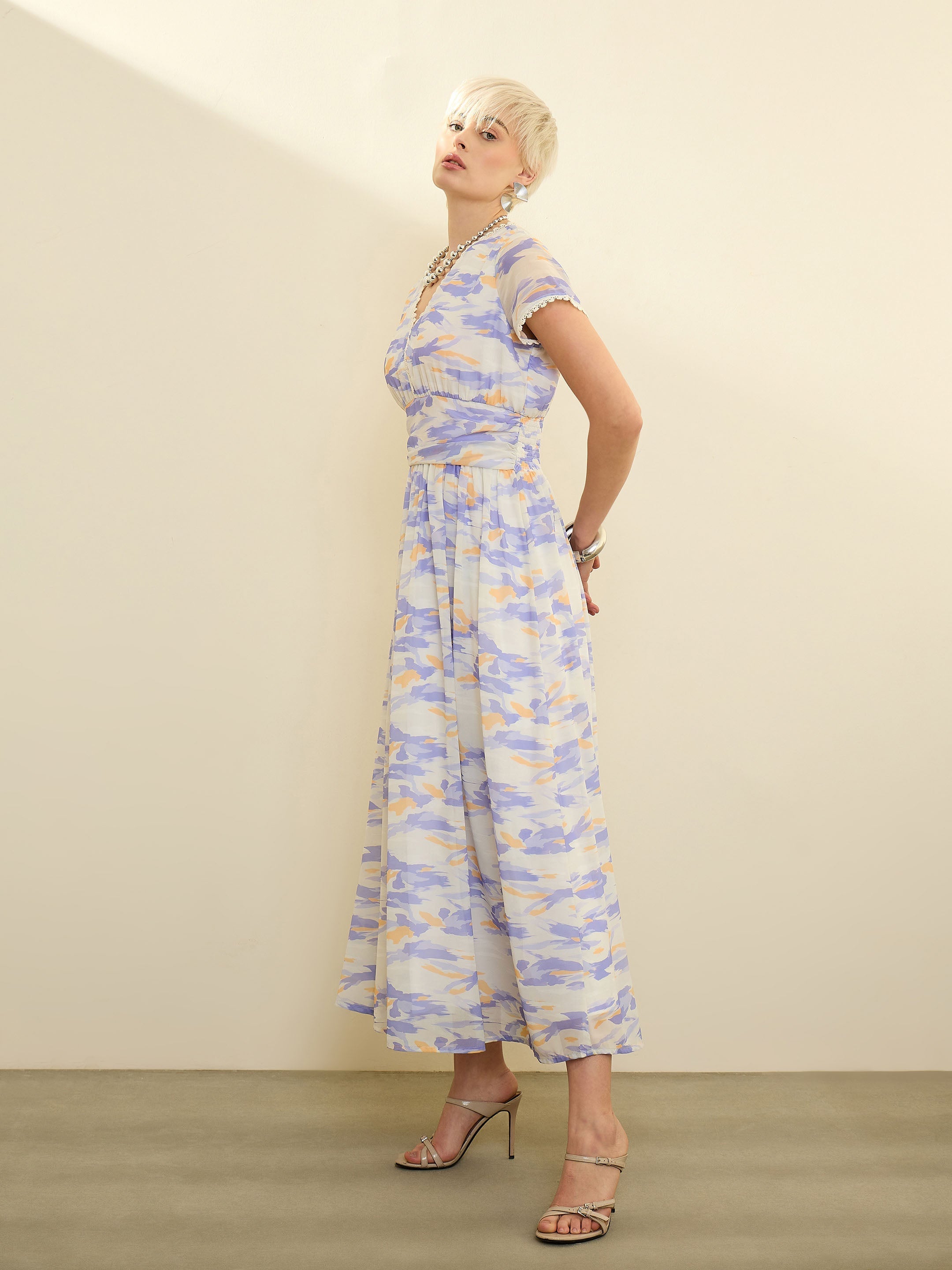 Women Lavender & Off-White Aztec Print Cap Sleeves Maxi Dress