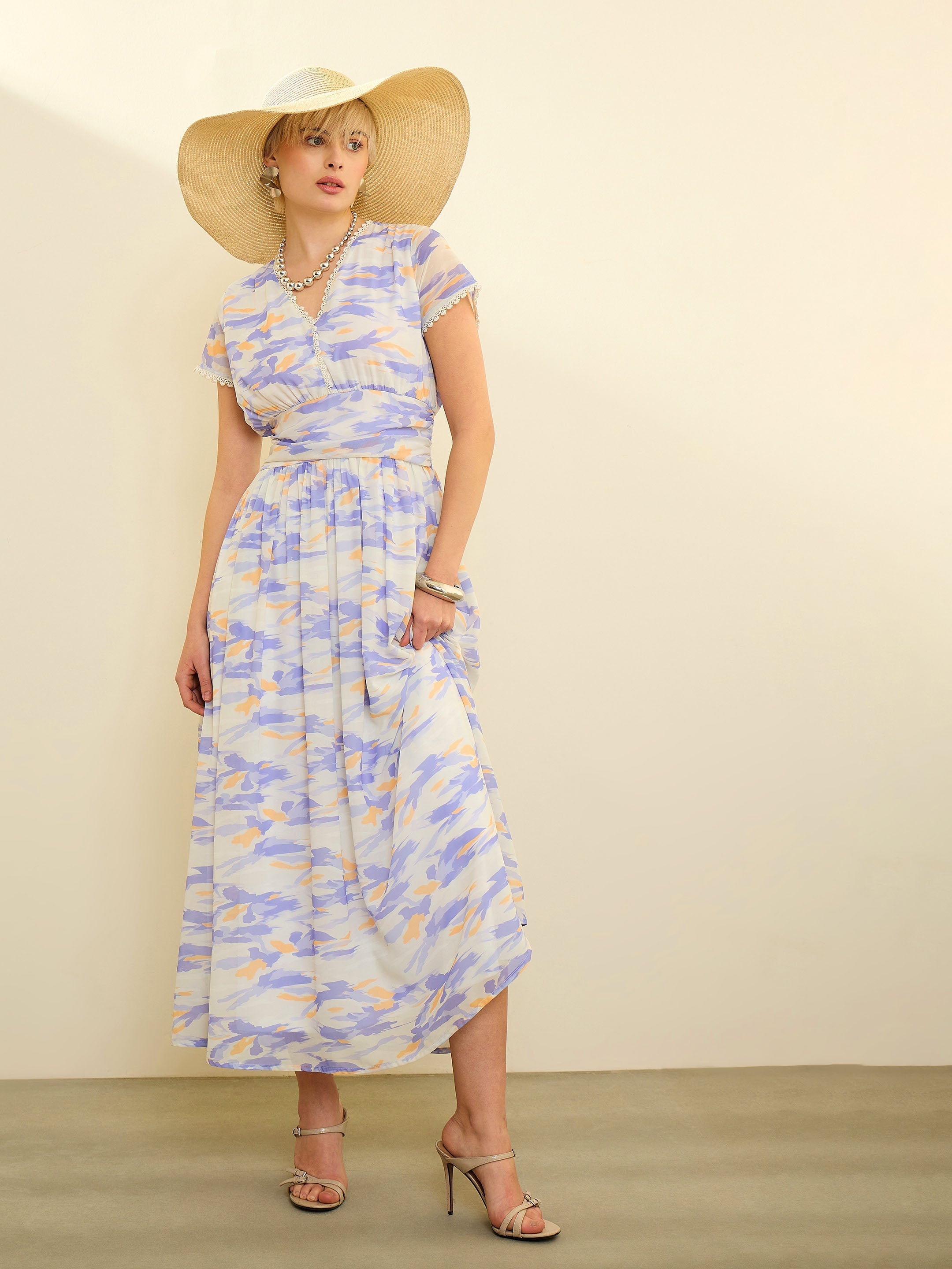Women Lavender & Off-White Aztec Print Cap Sleeves Maxi Dress
