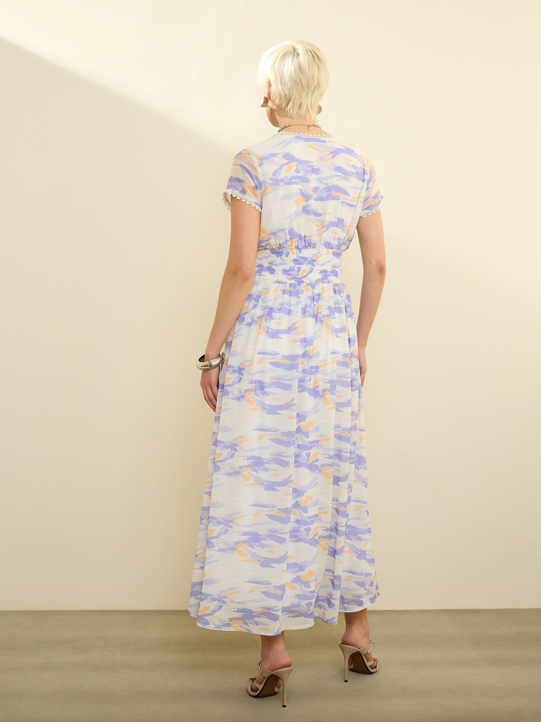 Women Lavender & Off-White Aztec Print Cap Sleeves Maxi Dress