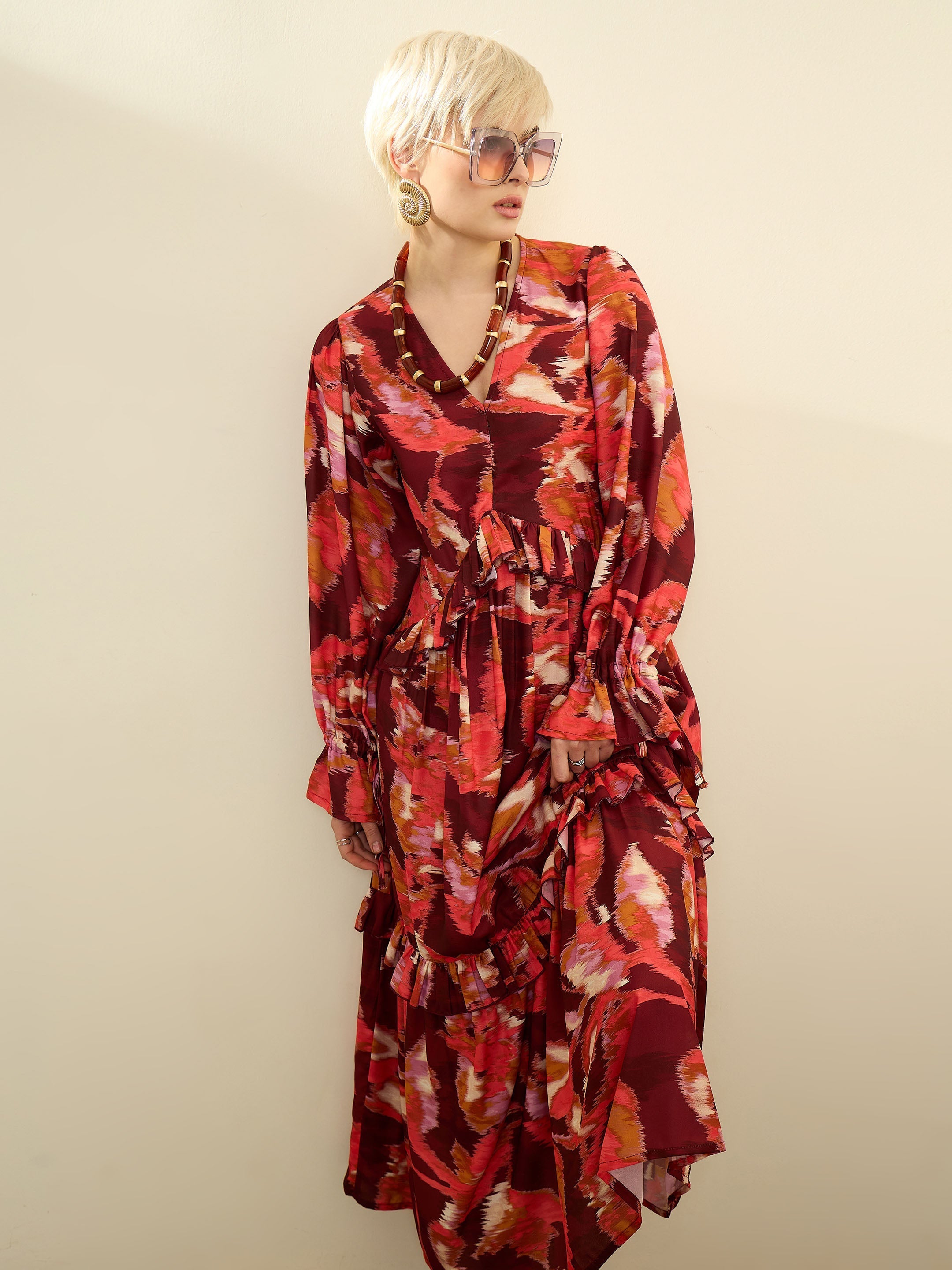 Women Maroon Ikat Print Front Ruffle Maxi Dress