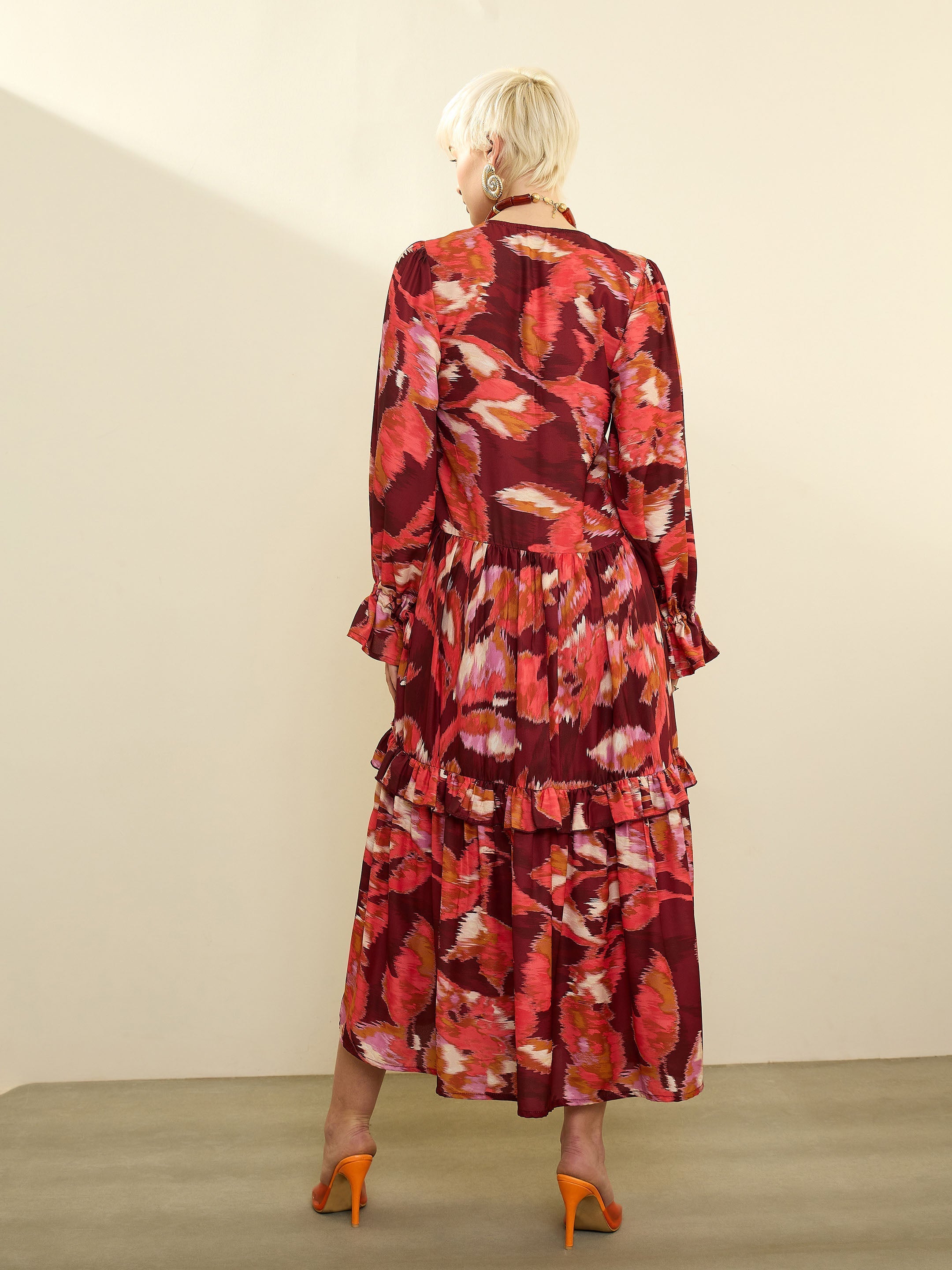 Women Maroon Ikat Print Front Ruffle Maxi Dress