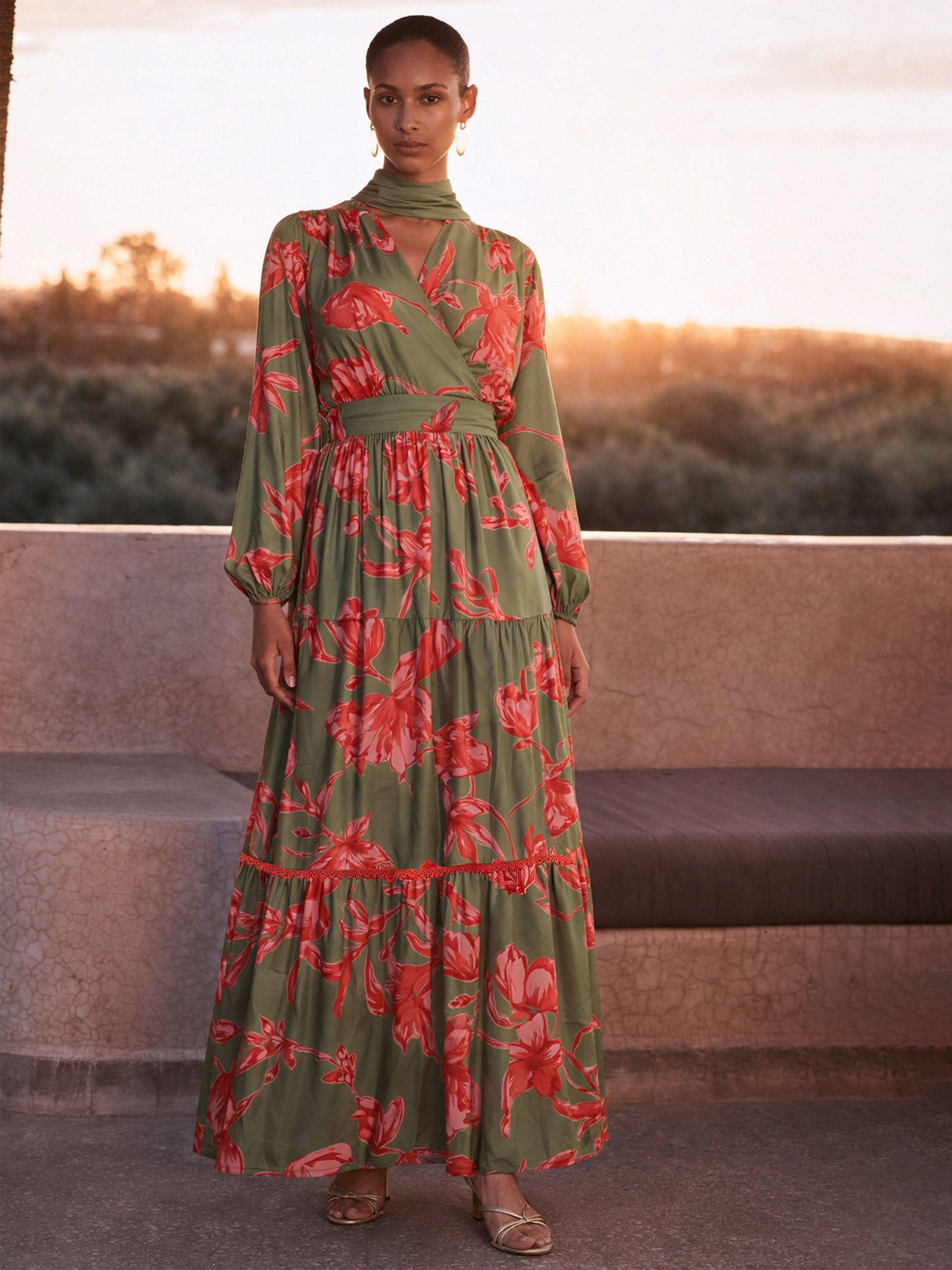 Women Olive & Red Floral Wrap Neck Maxi Dress