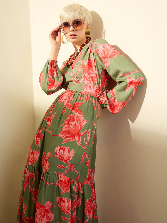 Women Olive & Red Floral Wrap Neck Maxi Dress
