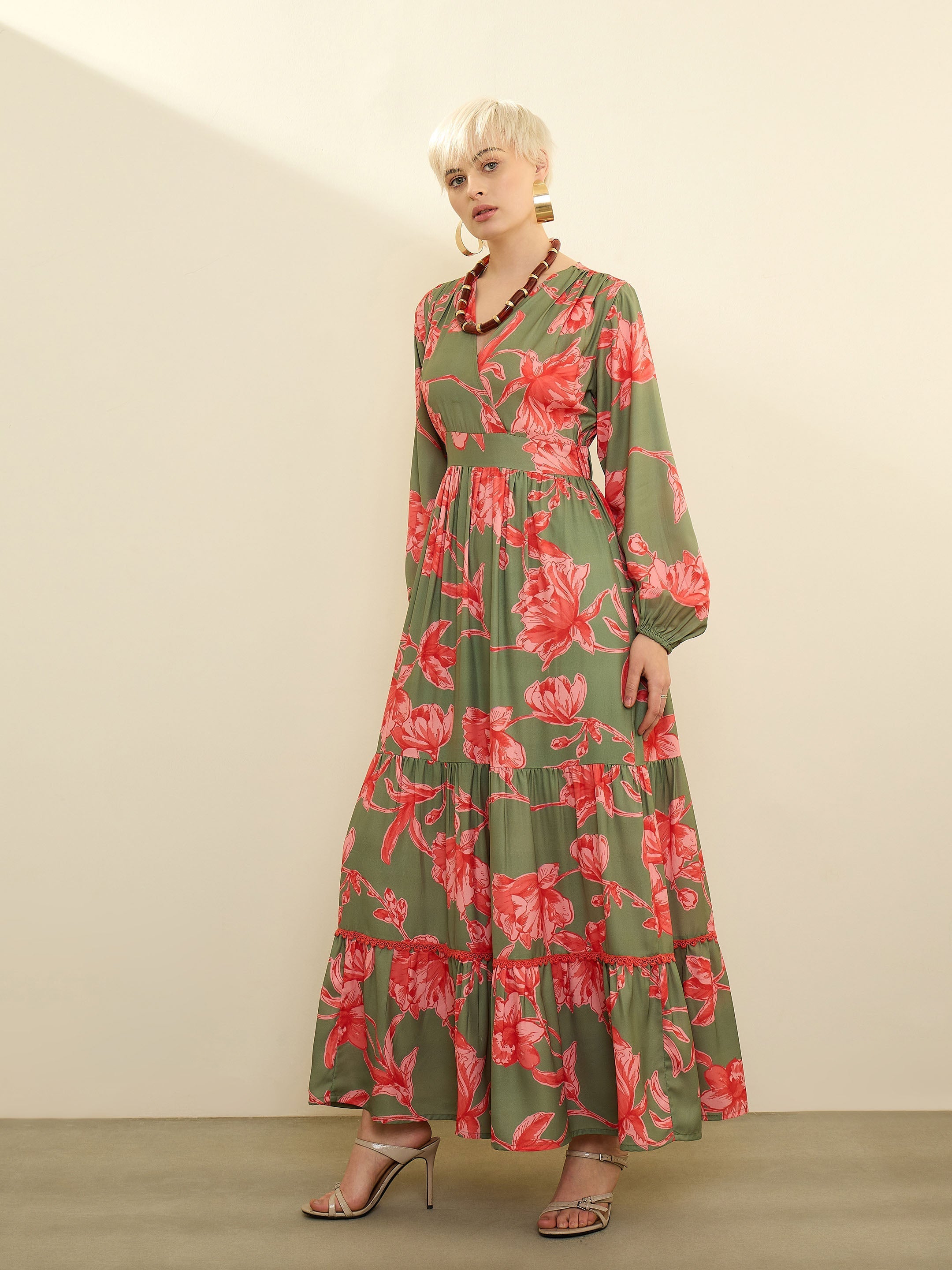 Women Olive & Red Floral Wrap Neck Maxi Dress