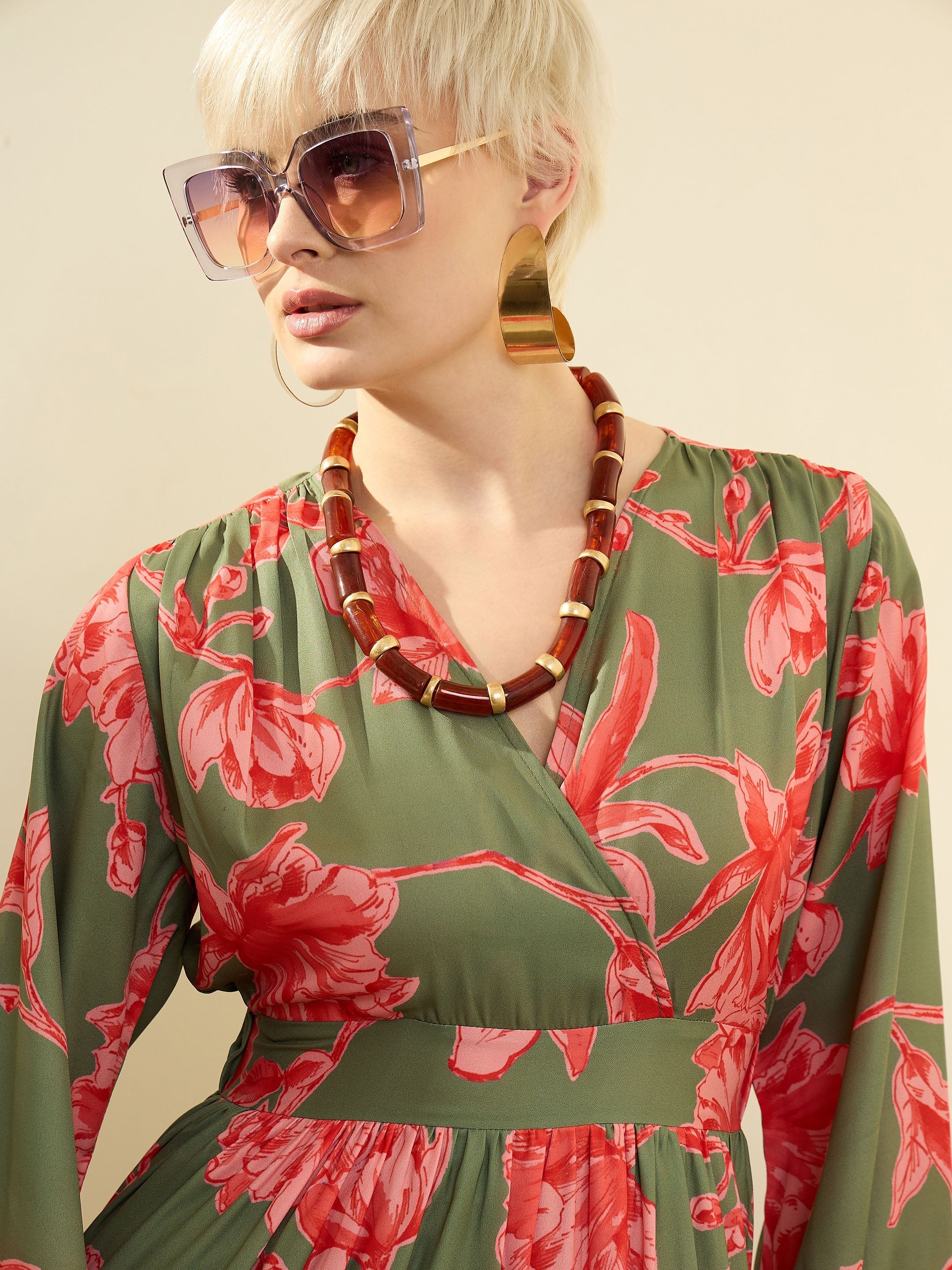 Women Olive & Red Floral Wrap Neck Maxi Dress