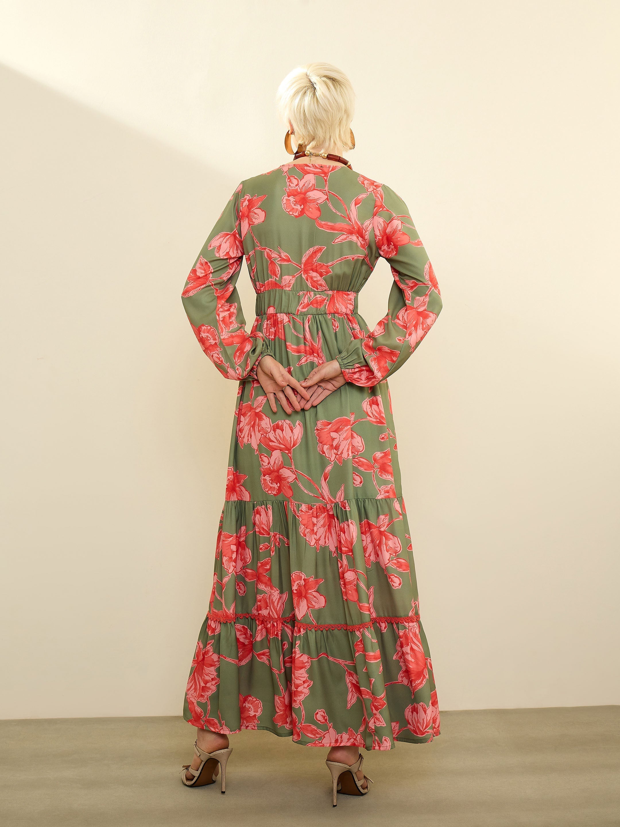 Women Olive & Red Floral Wrap Neck Maxi Dress
