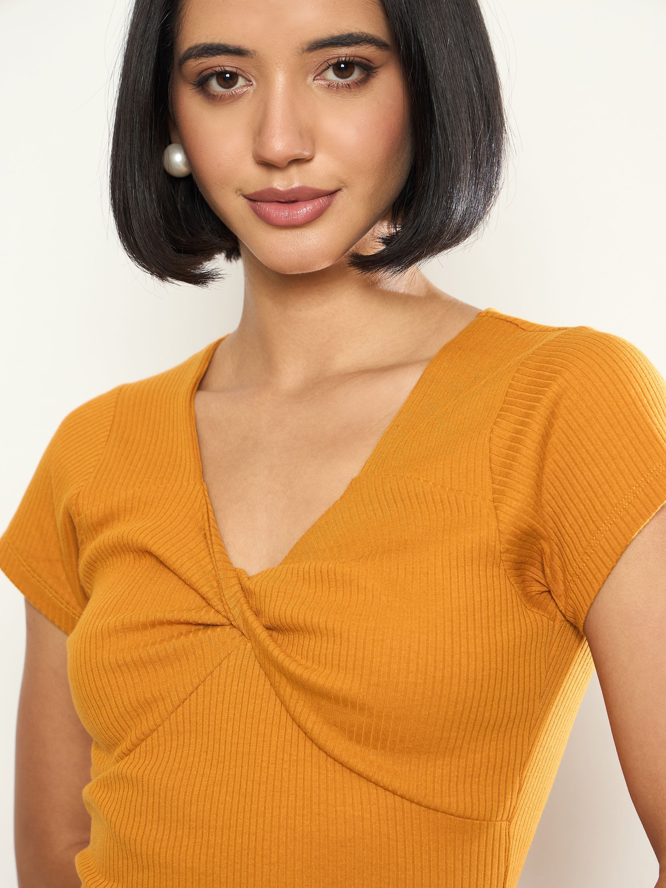 Women Mustard Rib Front Twisted Midi Dress