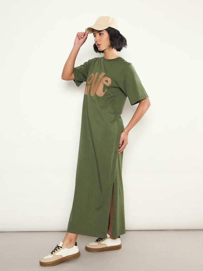 Women Olive LOVE Print Oversized T-Shirt Dress – FYVA