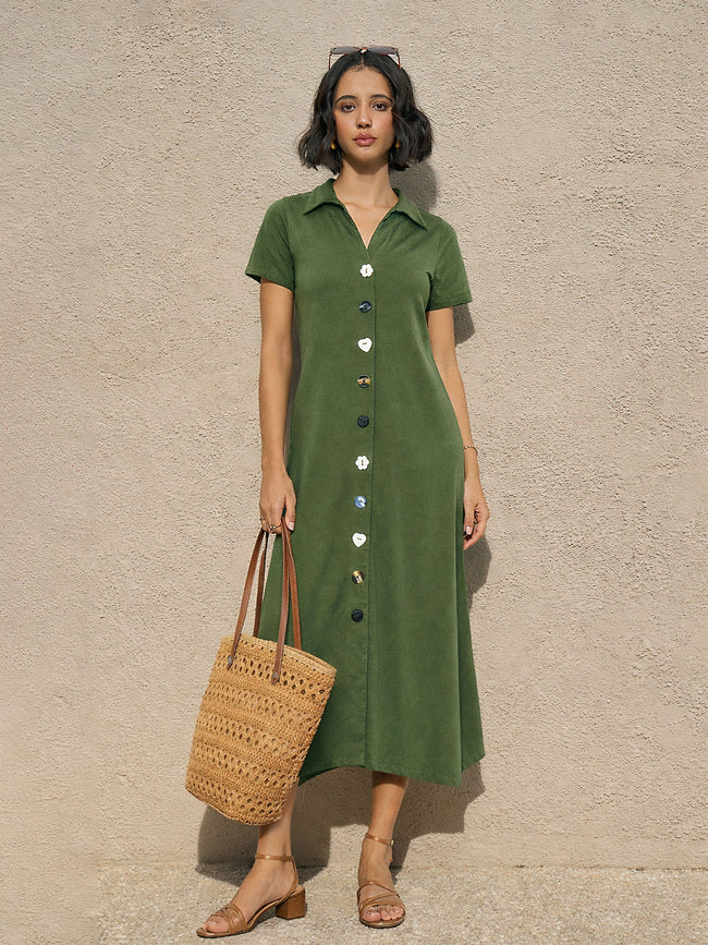 Women Olive Multi Design Button Down Midi Dress