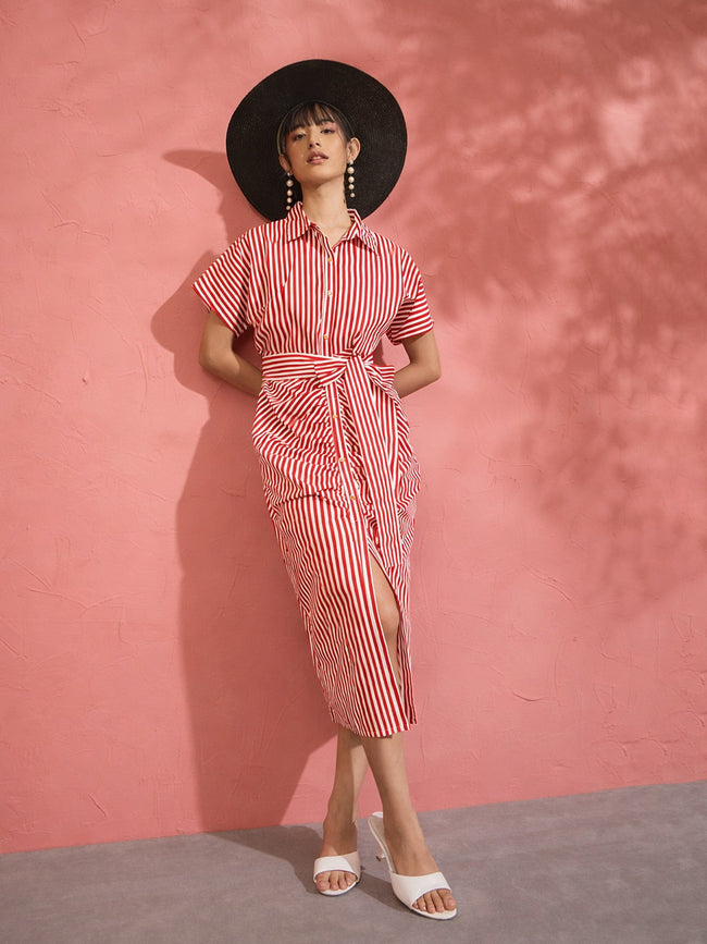 Women Red & White Stripe Front Ruched Midi Dress