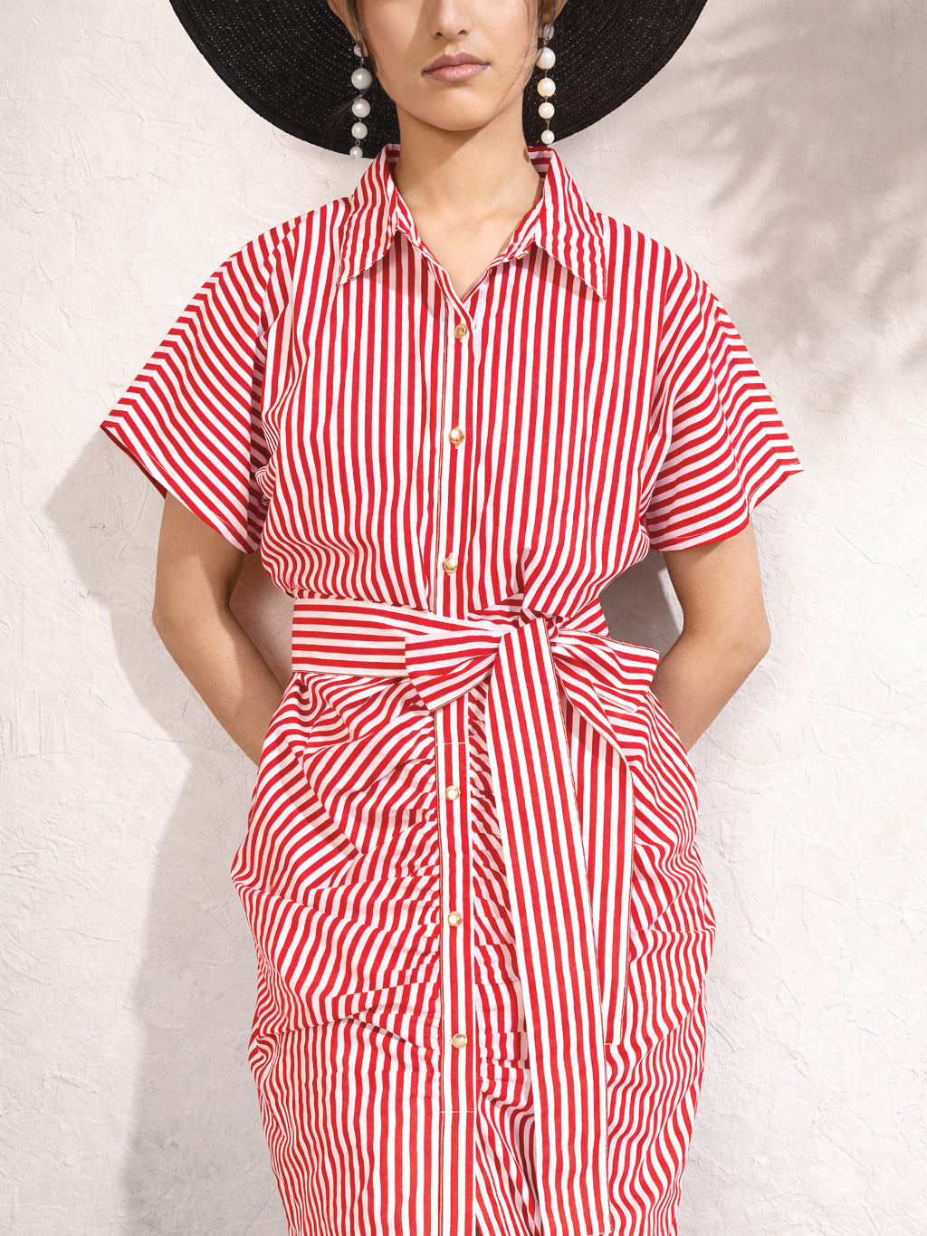 Women Red & White Stripe Front Ruched Midi Dress